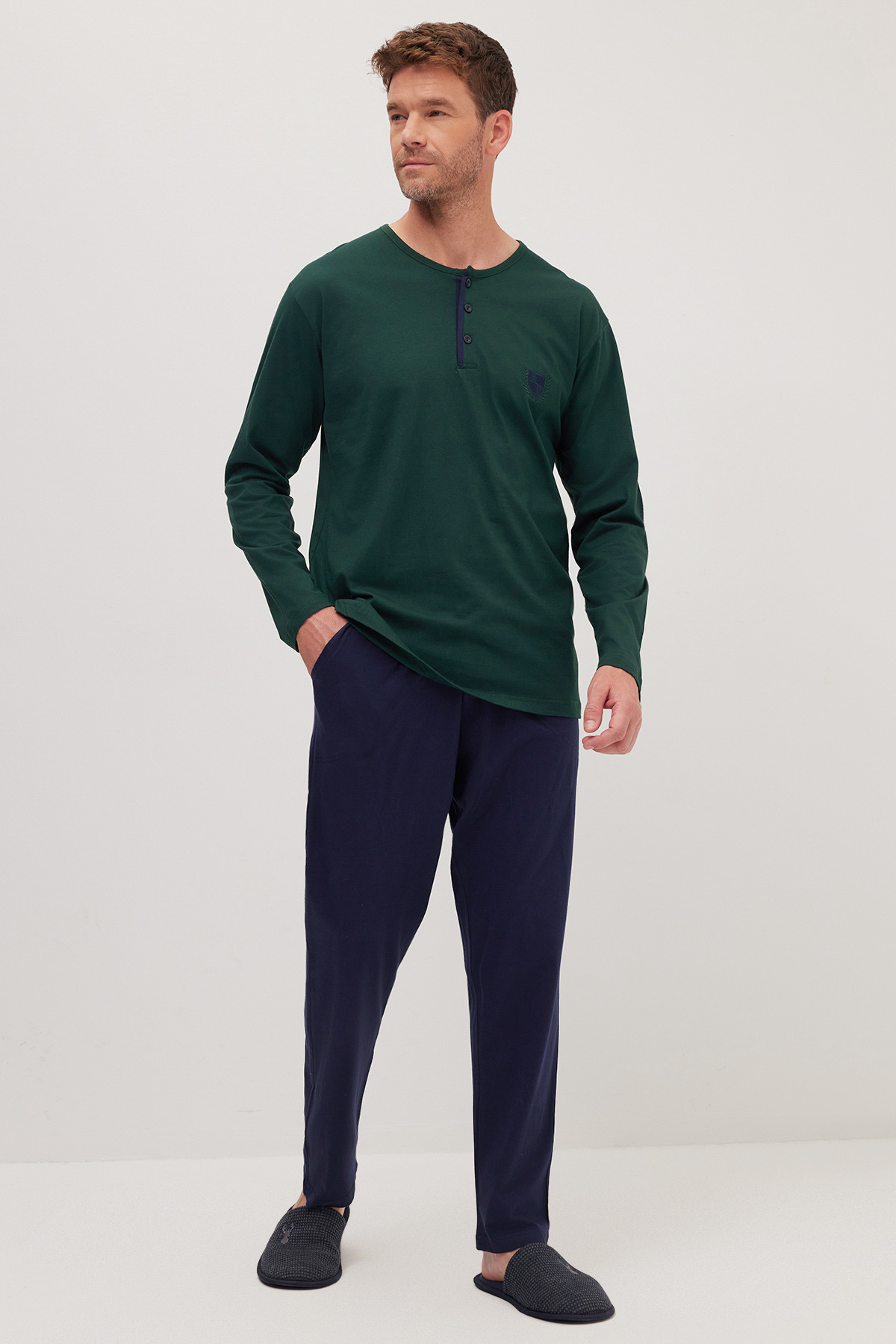 Tudors Erkek Standart Fit Normal Kesim %100 Pamuk Bisiklet Yaka Beli Lastikli Lacivert Pijama Takımı