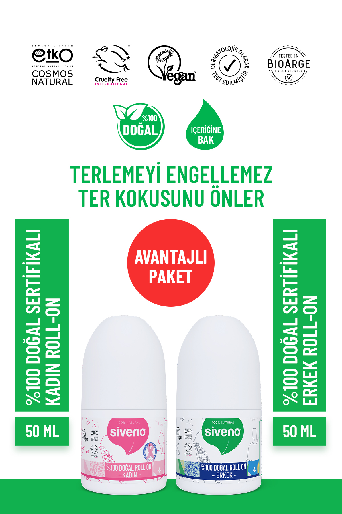 Siveno %100 Doğal Roll On Kadın & Erkek Deodorant Ter Kokusu Önleyici Bitkisel Lekesiz 50 ml Set