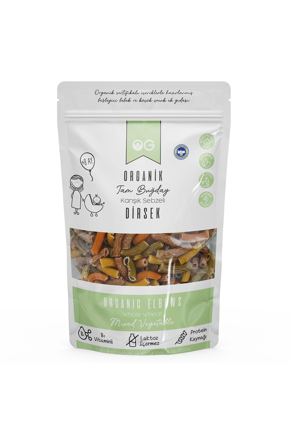 OG natural Organik Karışık Sebzeli Tam Buğday Dirsek Makarna 200 Gr +8 Ay