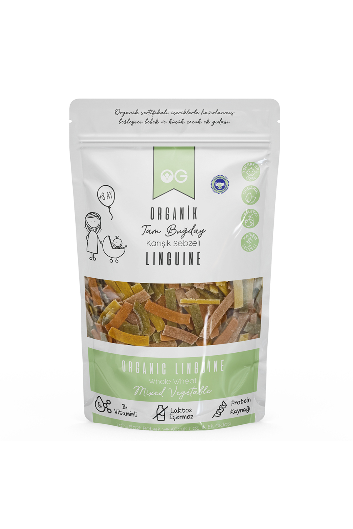 OG natural Organik Karışık Sebzeli Tam Buğday Şerit Makarna Linguine 200 Gr +8 Ay