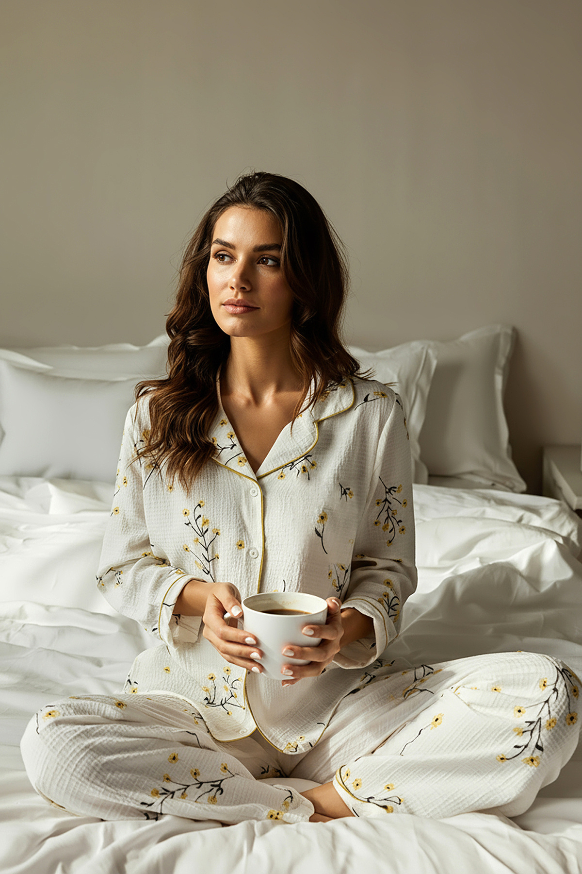 Trendyol Collection Biało-żółty zestaw piżamowy z kwiatowym wzorem i lamówką ...