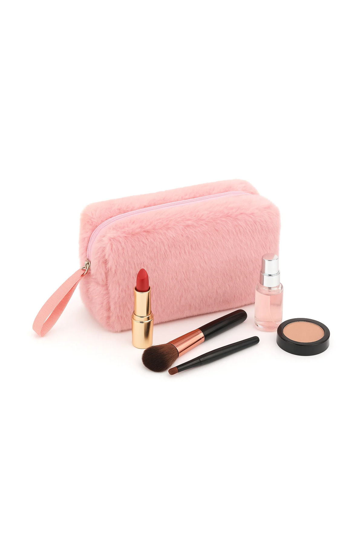 NS reliable NS Soft Charm Makyaj Çantası Peluş Günlük Makyaj Çantası Kompakt Tasarım-16x10x6,50 cm Pembe