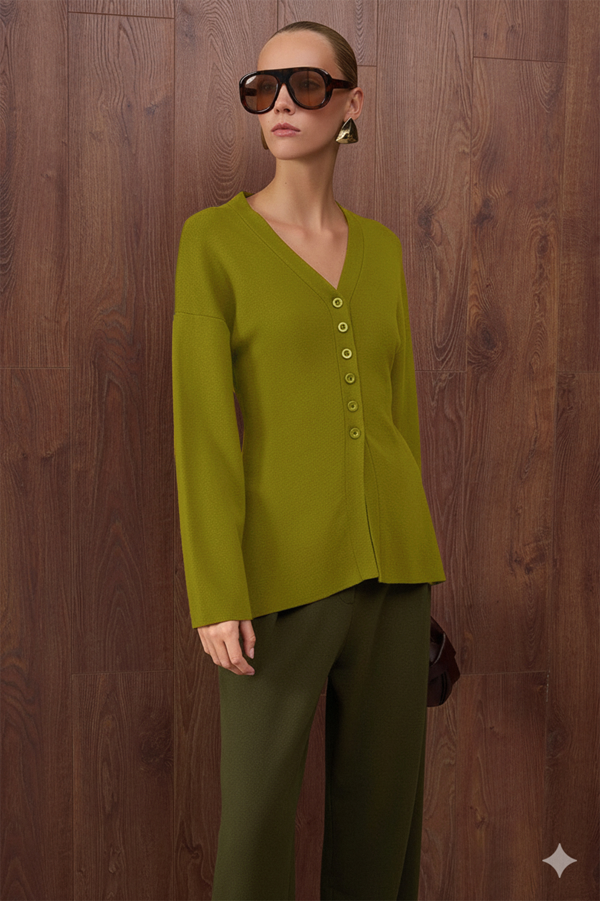 Trendyolmilla  Yağ Yeşil V Yaka Merserize Görünümlü Premium İplik/Özel İplik Triko Hırka TWOAW26HI00079