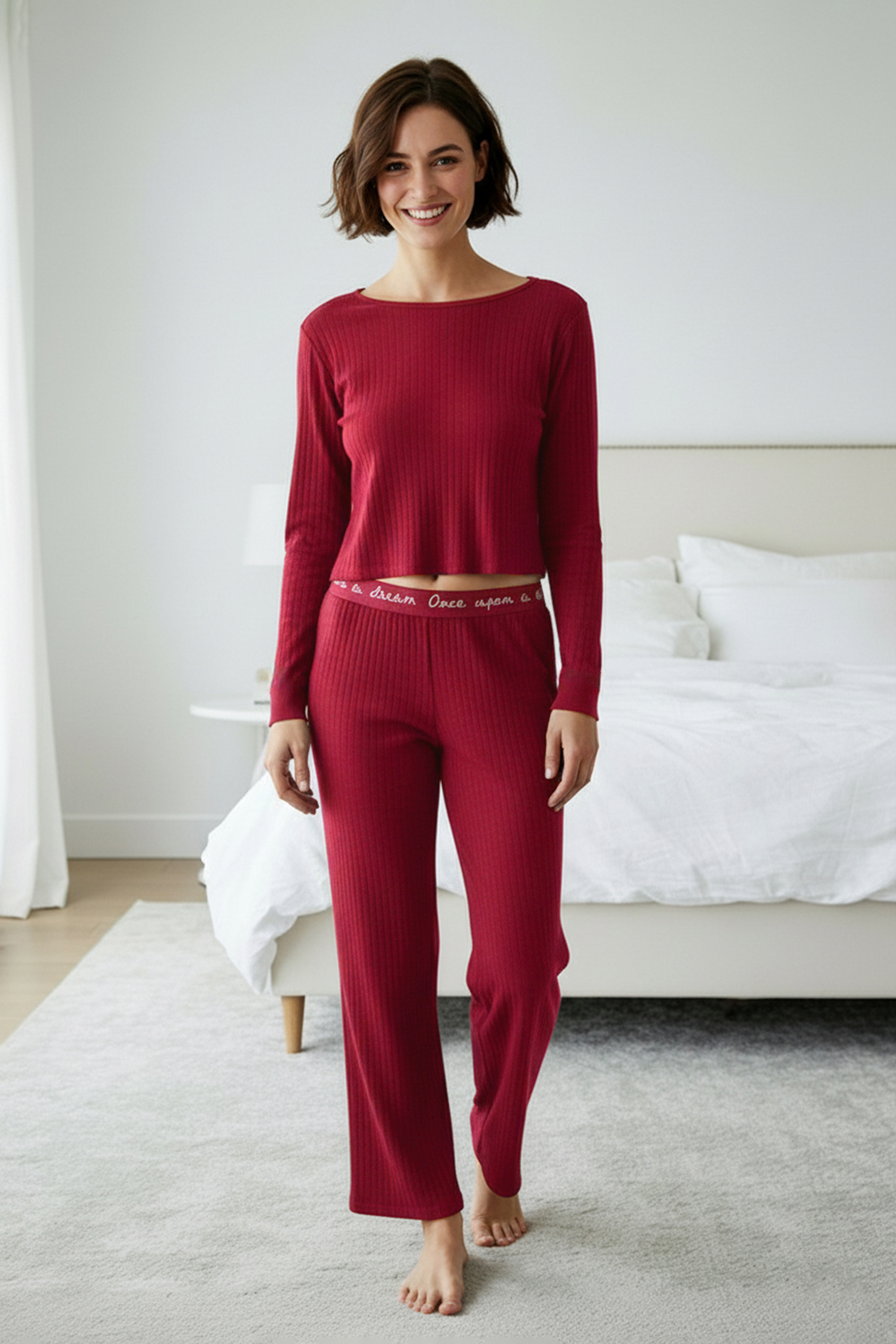 Trendyol Collection Piżama w kolorze czerwonego claret z dzianiny Corded - Gumowe detale, Thmaw21Pt0269