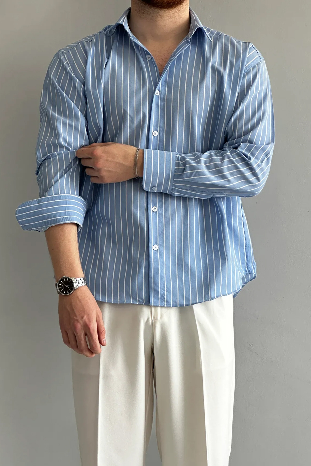 Trendyolmilla  Mavi Regular Fit Çizgili Erkek Gömlek TMNAW26GO00026