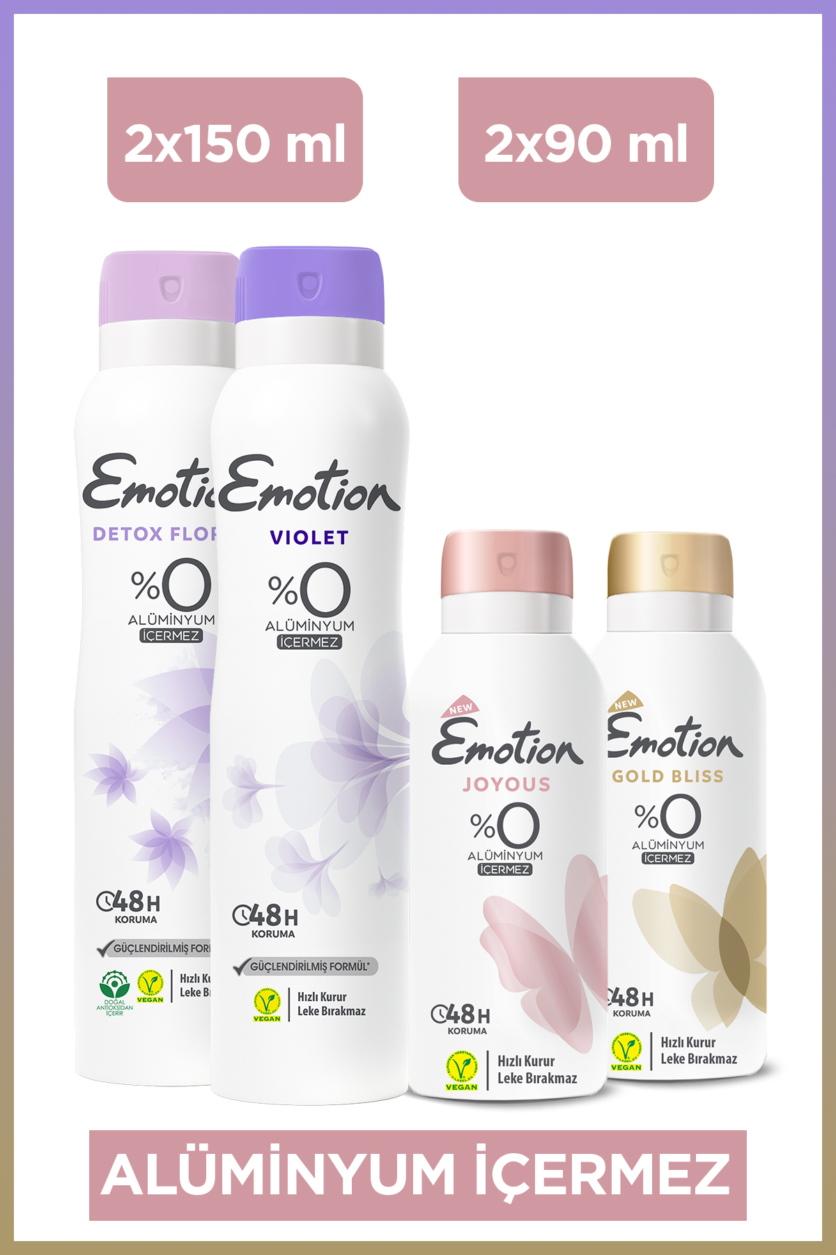 Emotion Kadın Deodorant Seti – Violet,Detox Floral 2x150 Ml , Gold Bliss-Joyous 2x90 Ml
