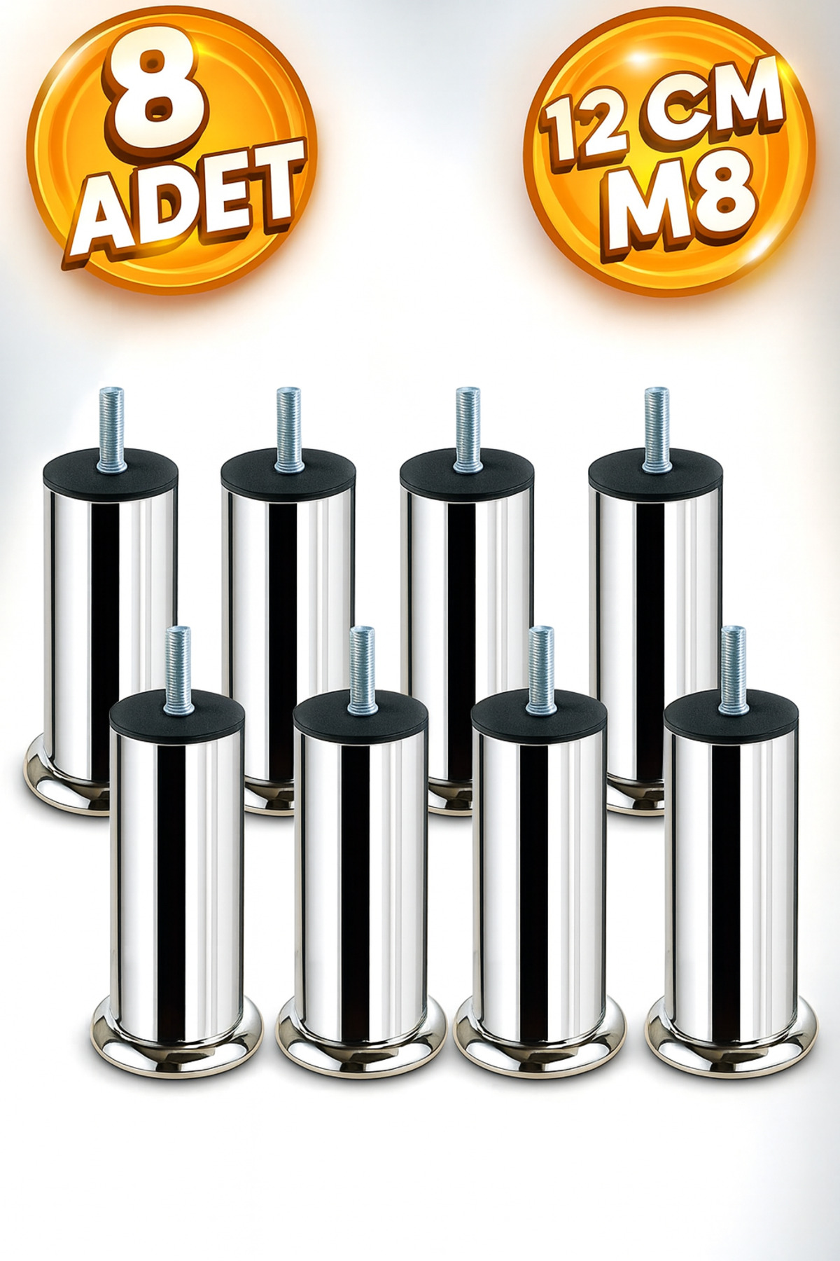 Badem10 Baza Koltuk Kanepe Mobilya Yatak Çekyat Ayağı Ince Diş Metrik 8 Mm Krom Metal Ayakları 12 Cm 8 Adet