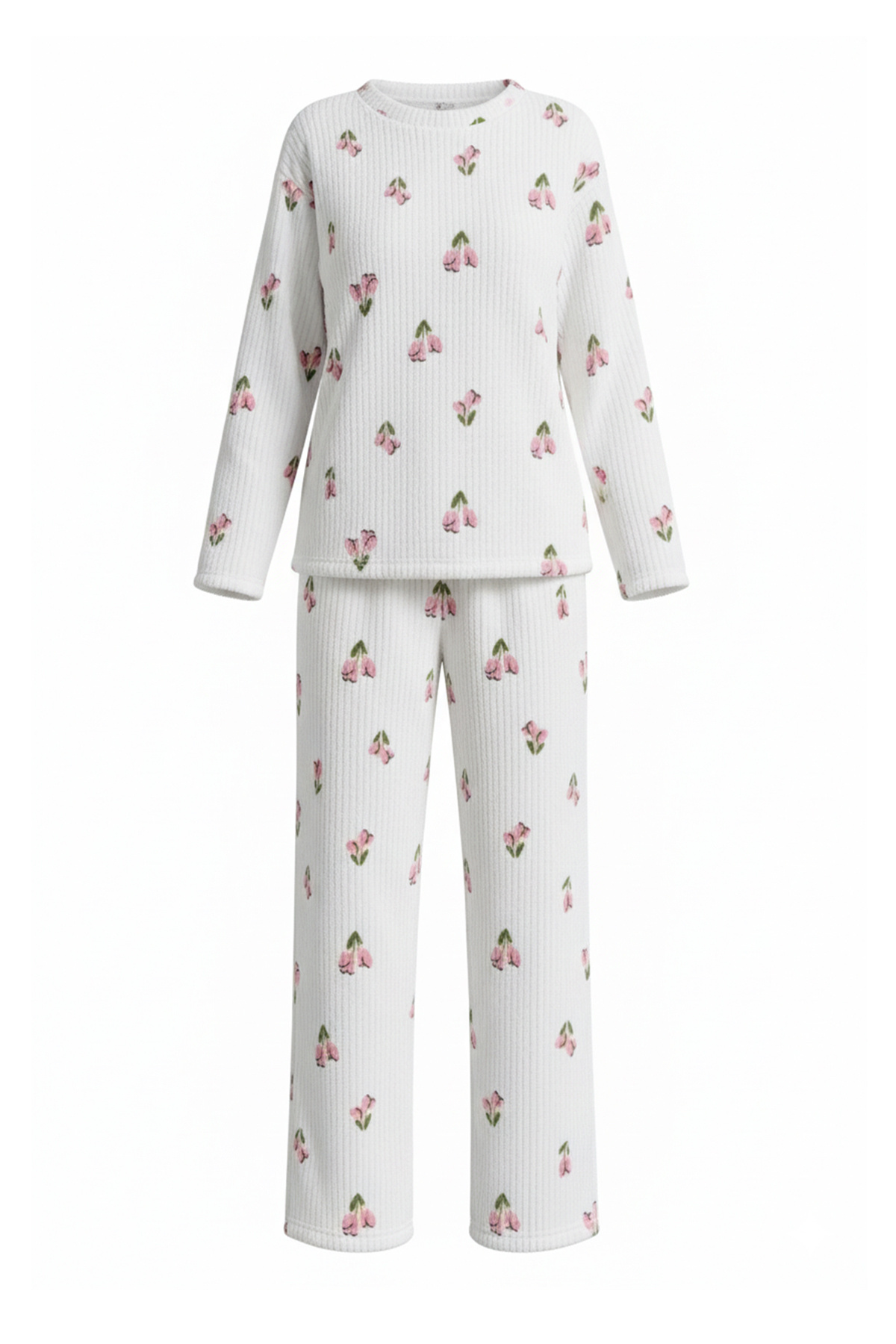 Trendyol Collection Weißes, geblümtes, weiches, geripptes Strick-Pyjama-Set aus Baumwolle THMAW26PT00218