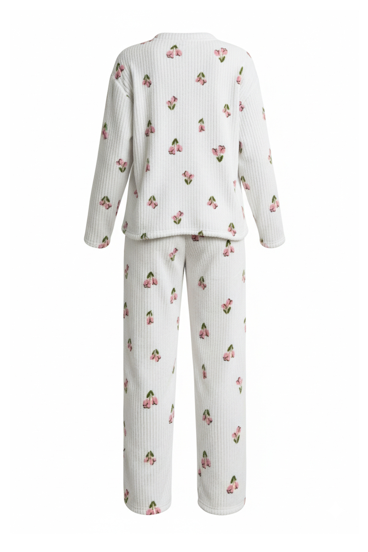Trendyol Collection Weißes, geblümtes, weiches, geripptes Strick-Pyjama-Set aus Baumwolle THMAW26PT00218