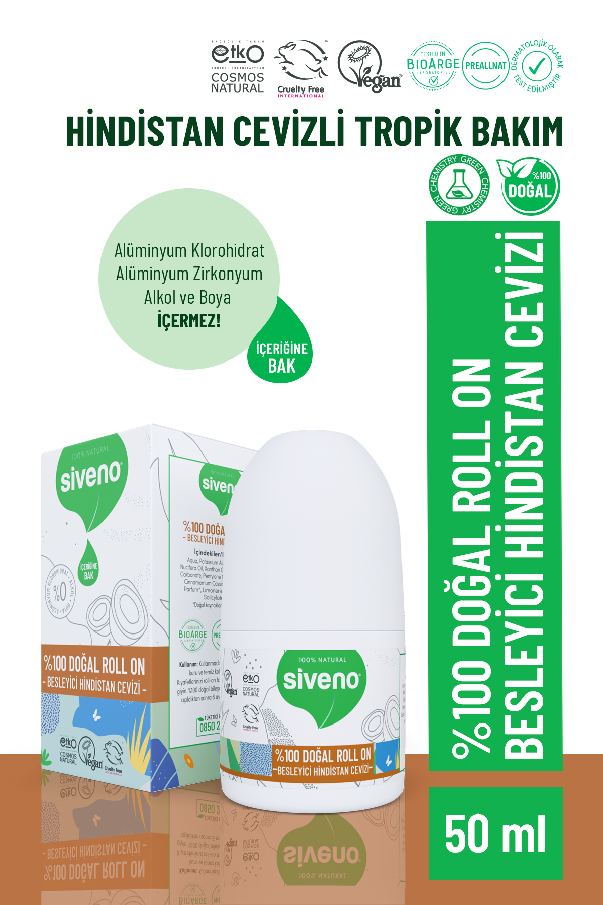 Siveno %100 Doğal Roll-on Hindistan Cevizli Deodorant Ter Kokusu Önleyici Bitkisel Lekesiz Vegan 50 ml