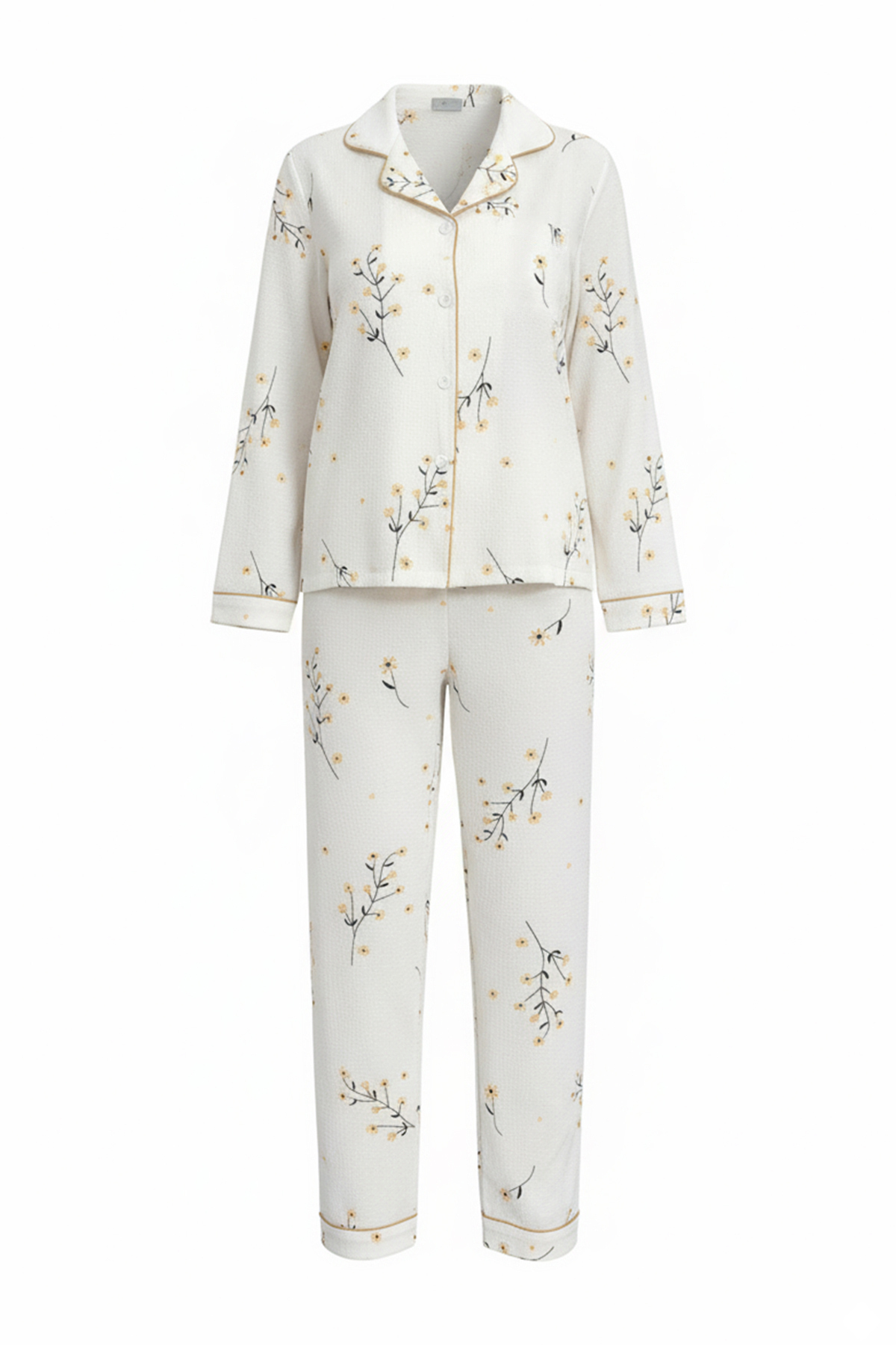 Trendyolmilla  Beyaz-Sarı Dokulu Çiçekli Biyeli Örme Pijama Takımı THMAW26PT00212 - Görsel 2