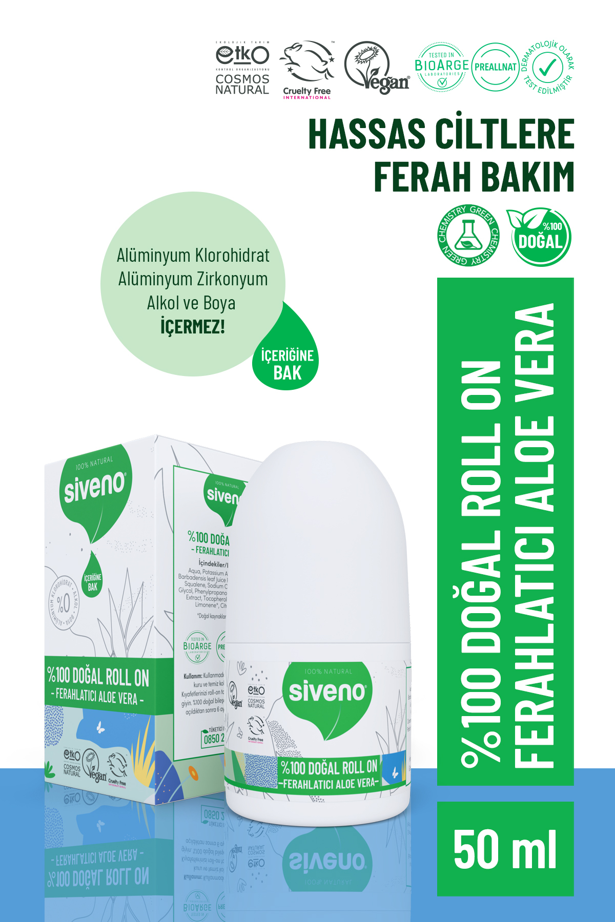 Siveno %100 Doğal Roll-on Aloe Vera Deodorant Ter Kokusu Önleyici Bitkisel Lekesiz Vegan 50 ml