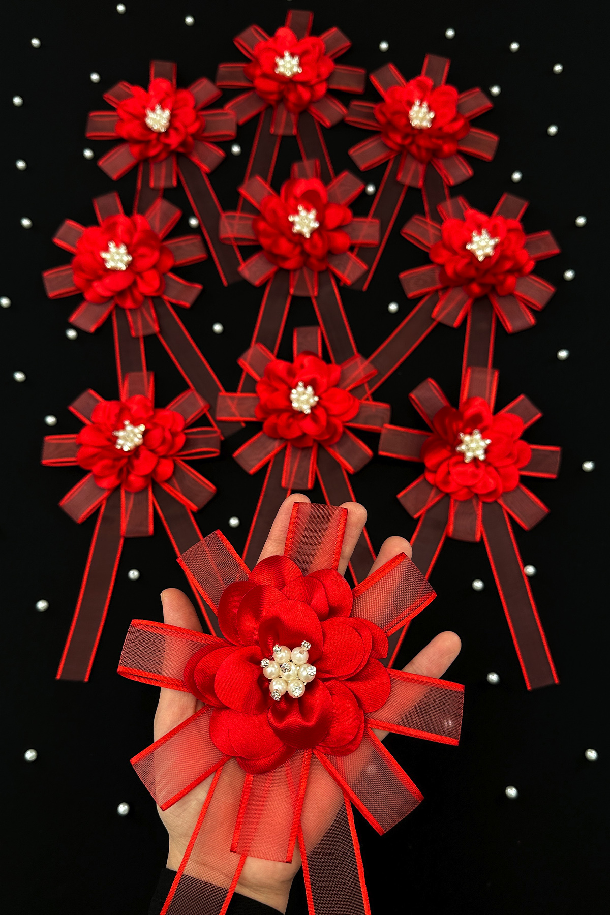 ZEYMERADE Broşlu Kırmızı Bohça Süsü, Gelin Damat Çeyiz Düğün Nişan Konvoy Gelin Arabası Sünnet Kına 1 Adet