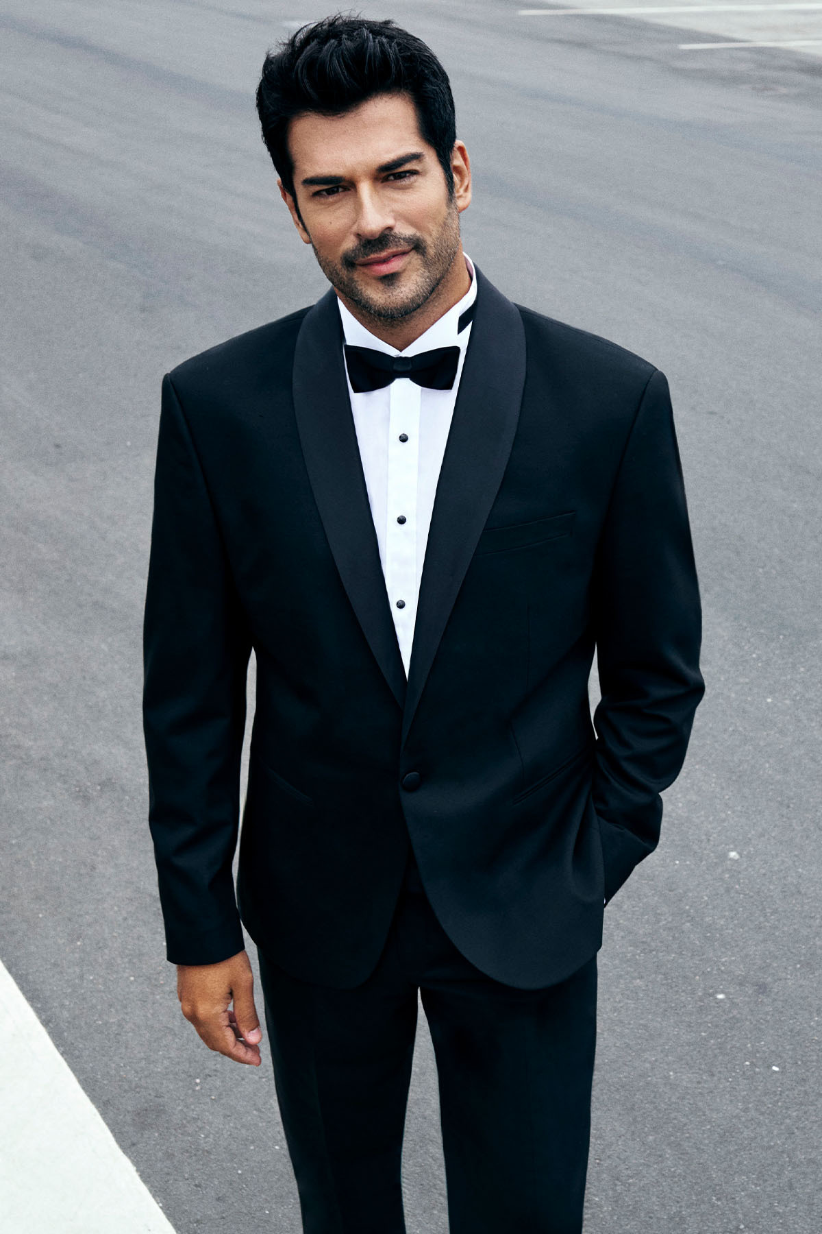 آلتین ییدلیز کلاسیکس کت و شلوار مردانه مشکی اسلیم فیت، یقه شالی باریک، طرح دار، کت و شلوار تاکسیدو کلاسیک