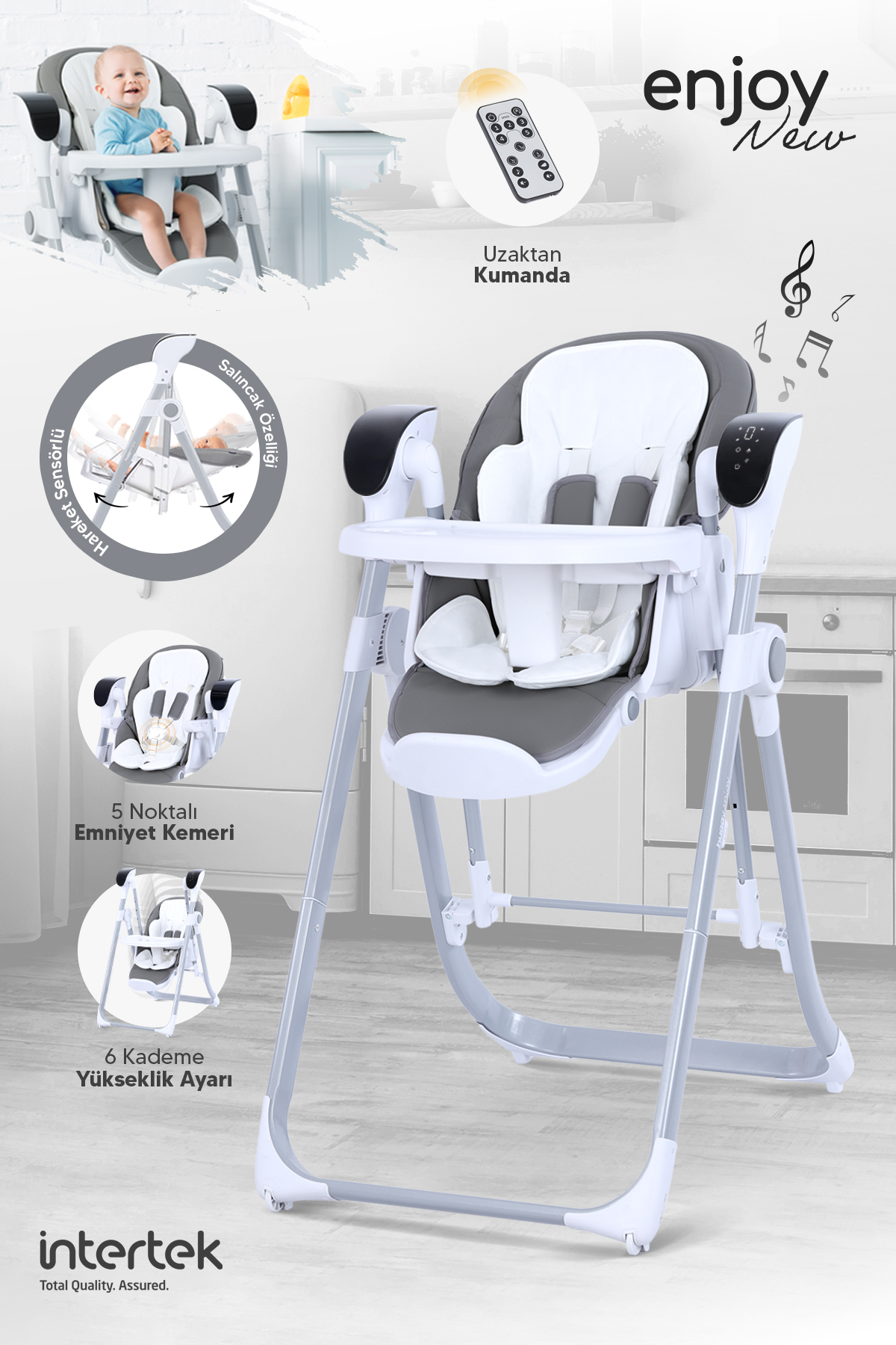 Huggy Enjoy Elektrikli 2'si 1 arada Mama Sandalyesi & Bebek Salıncağı | Katlanabilir, Kumandalı Gri