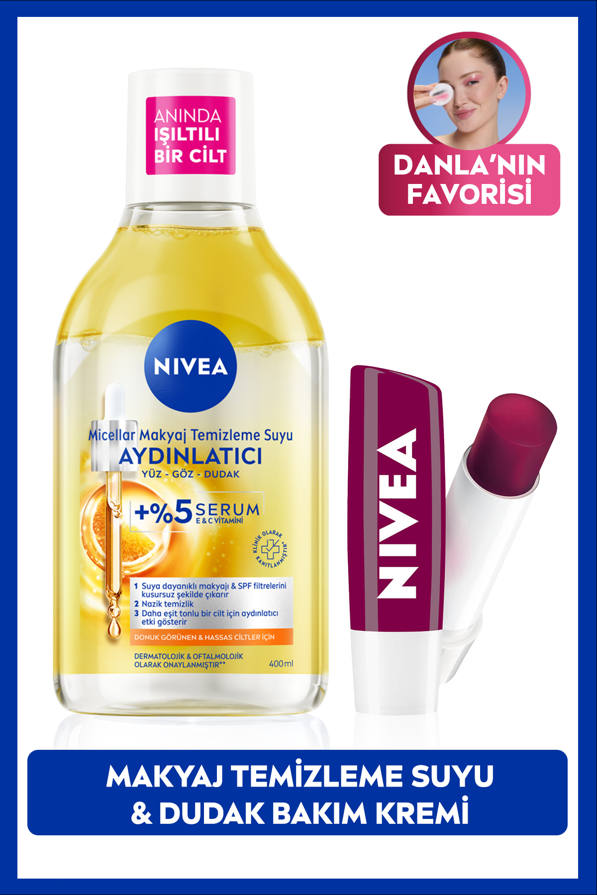 NIVEA Aydınlatıcı Micellar Makyaj Temizleme Suyu 400ml Ve Nemlendirici Böğürtlen Dudak Bakım Kremi 4,8gr