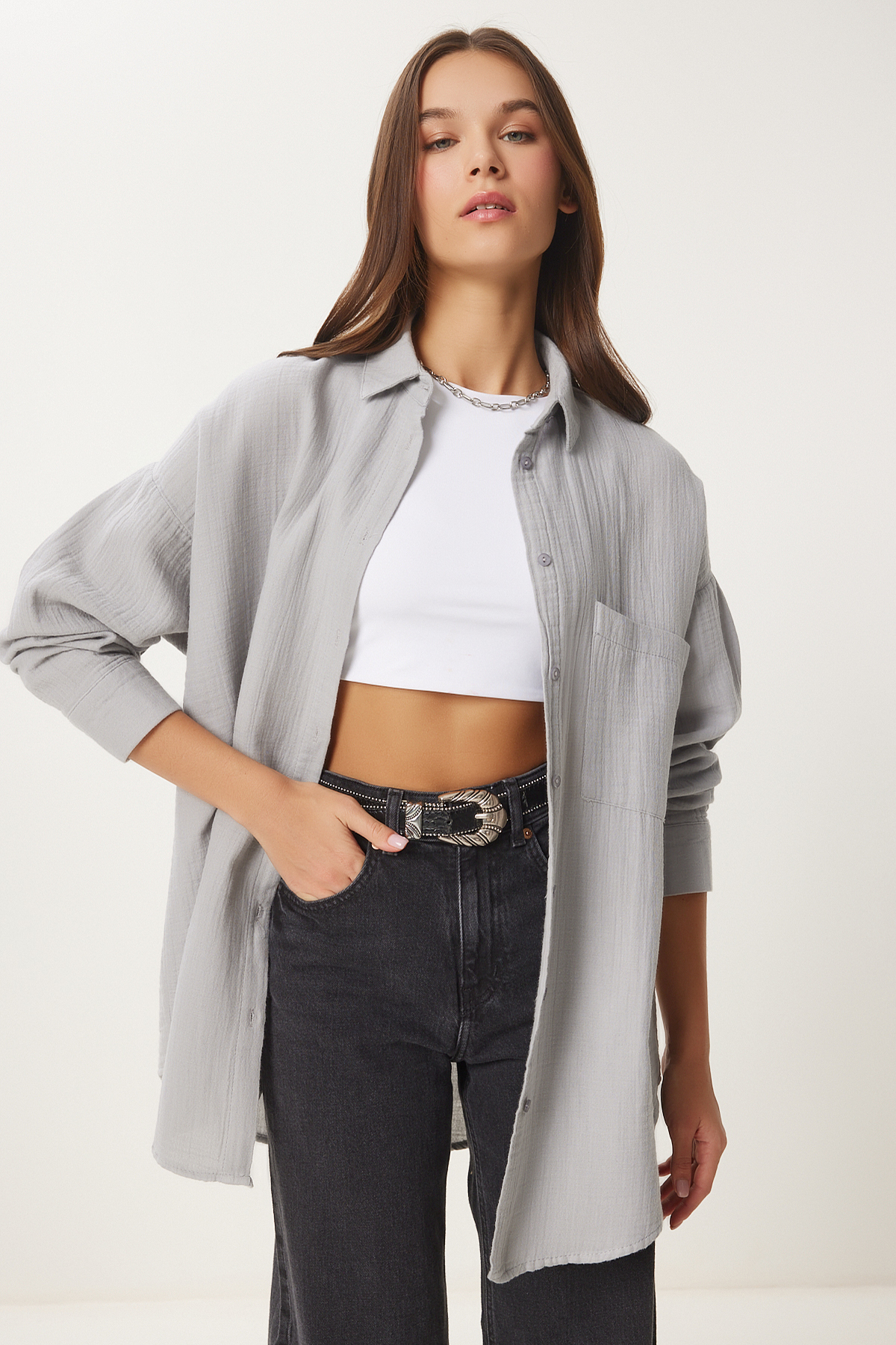 Happiness İstanbul Damen Gri Oversize Basic Müslin Gömlek MX00150
