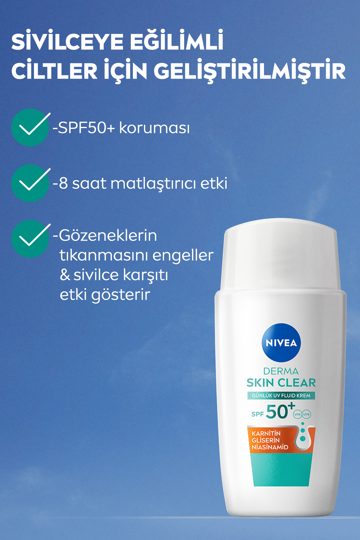 SPF50+ Derma Skin Clear Karşıtı Güneş Koruyucu Krem 40ml ve Makyaj Temizleme Suyu, Pamuk Hediyeli — SET.NVE.1259 — تصویر 3 از 9