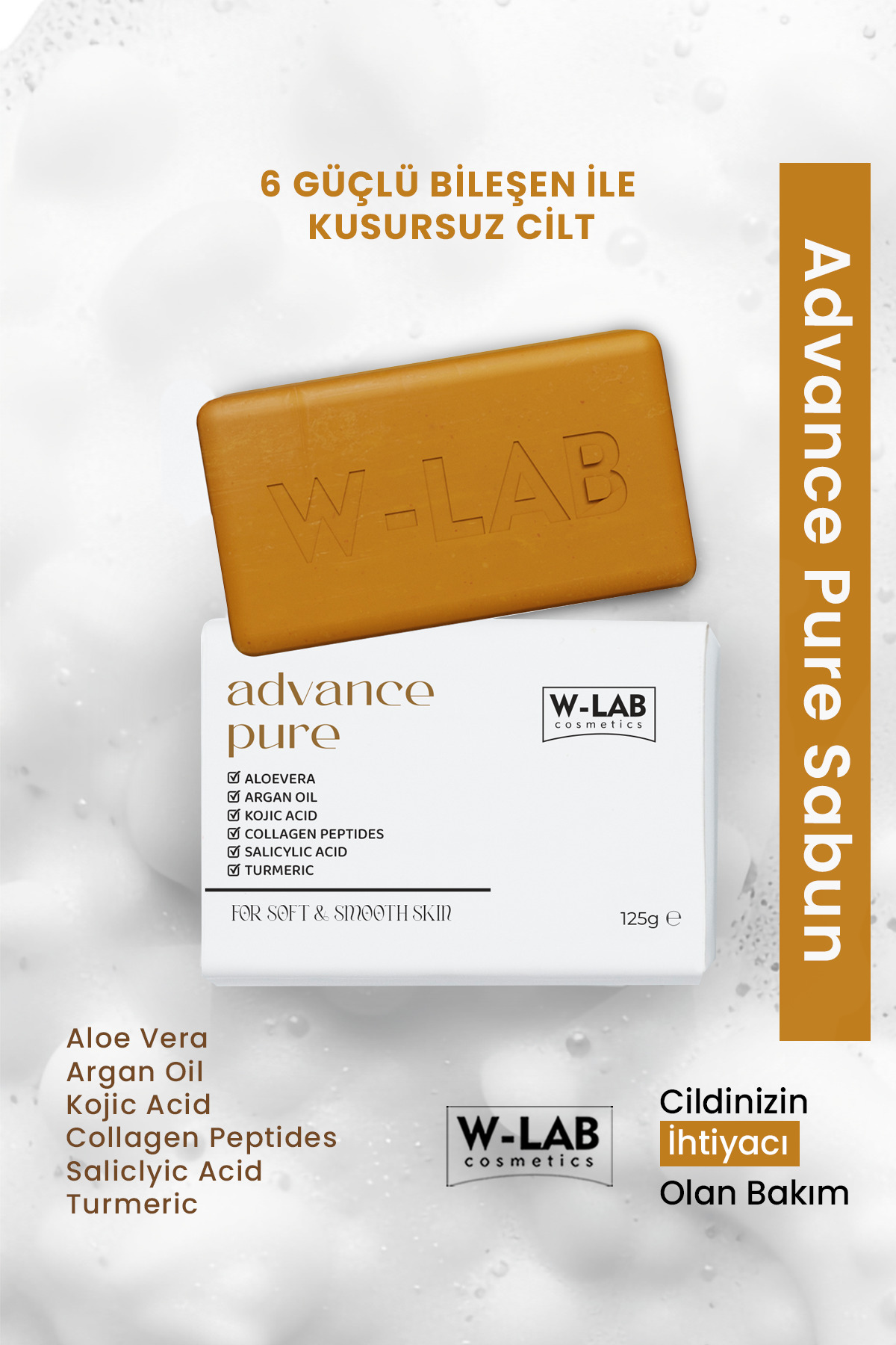 W-Lab Kozmetik Advance Pure Aloe Vera, Argan Yağı, Kojik Asit, Kolajen, Salisilik Asit, Zerdeçal Multi Sabun 125 g