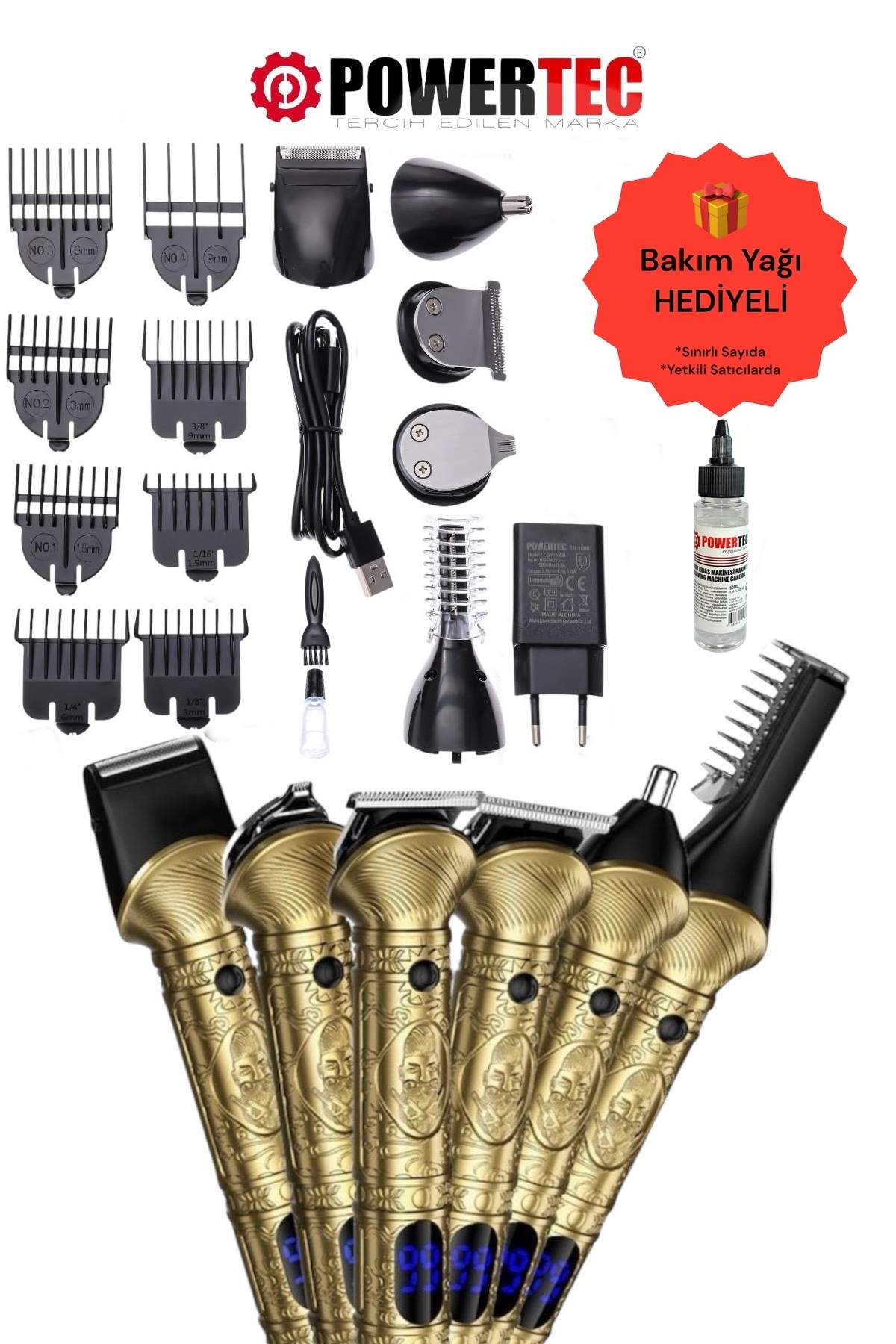 POWERTEC TR-1000 (14 Başlık) Erkek Bakım Kiti Saç Sakal Kaş Burun Sakal Vücut Tıraş Makinesi