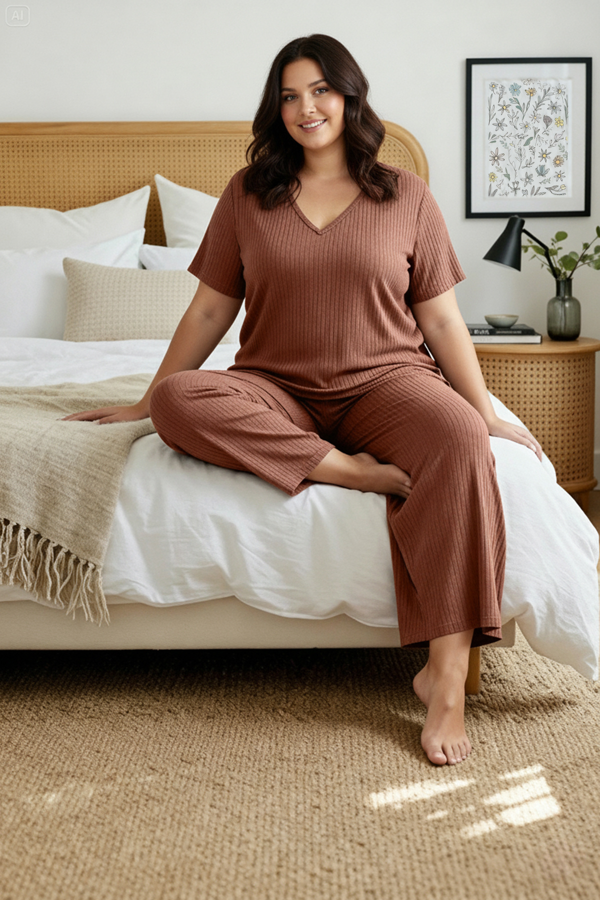 Trendyol Curve Brązowy zestaw piżamy z dzianiny z prążkowanym wykończeniem i ...