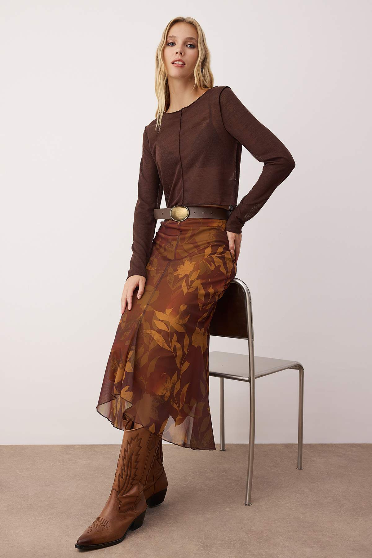 Trendyolmilla  Çok Renkli Baskılı Bodycon Tül Esnek Örme Etek TWOAW26ET00088 - Görsel 6