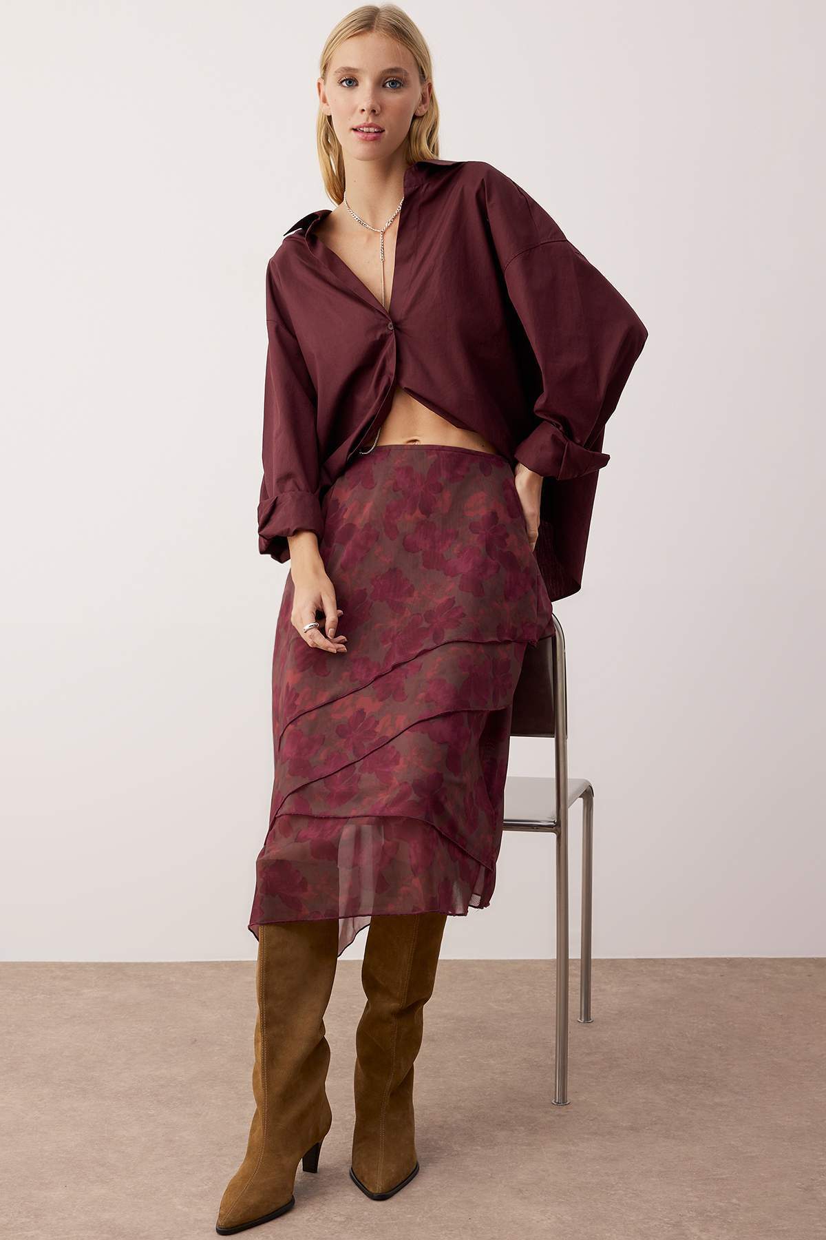 Trendyolmilla  Bordo Fırfırlı Soyut Desenli Örme Etek TWOAW26ET00084 - Görsel 7