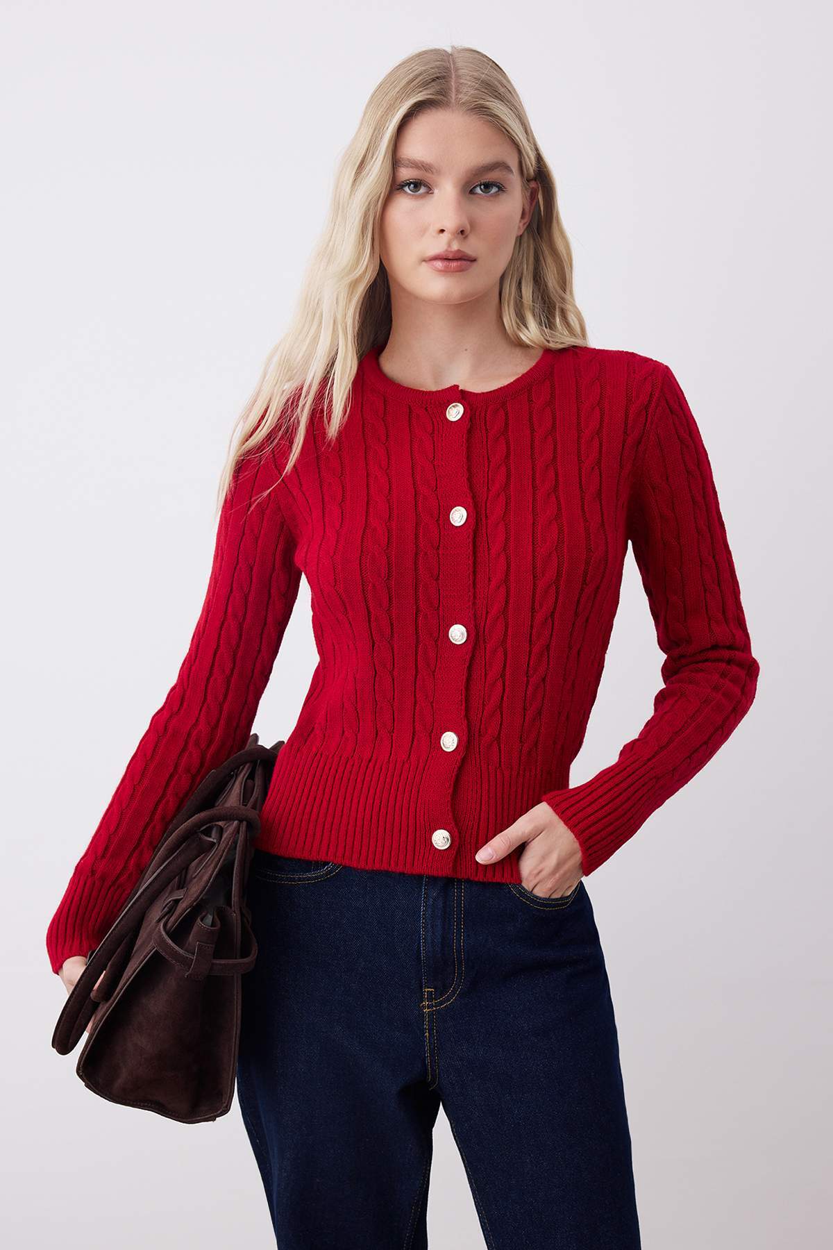 Trendyolmilla  Ekru-Kırmızı 2'li Fitted/Vücuda Oturan İkili Paket Triko Hırka TWOAW26HI00218 - Görsel 2