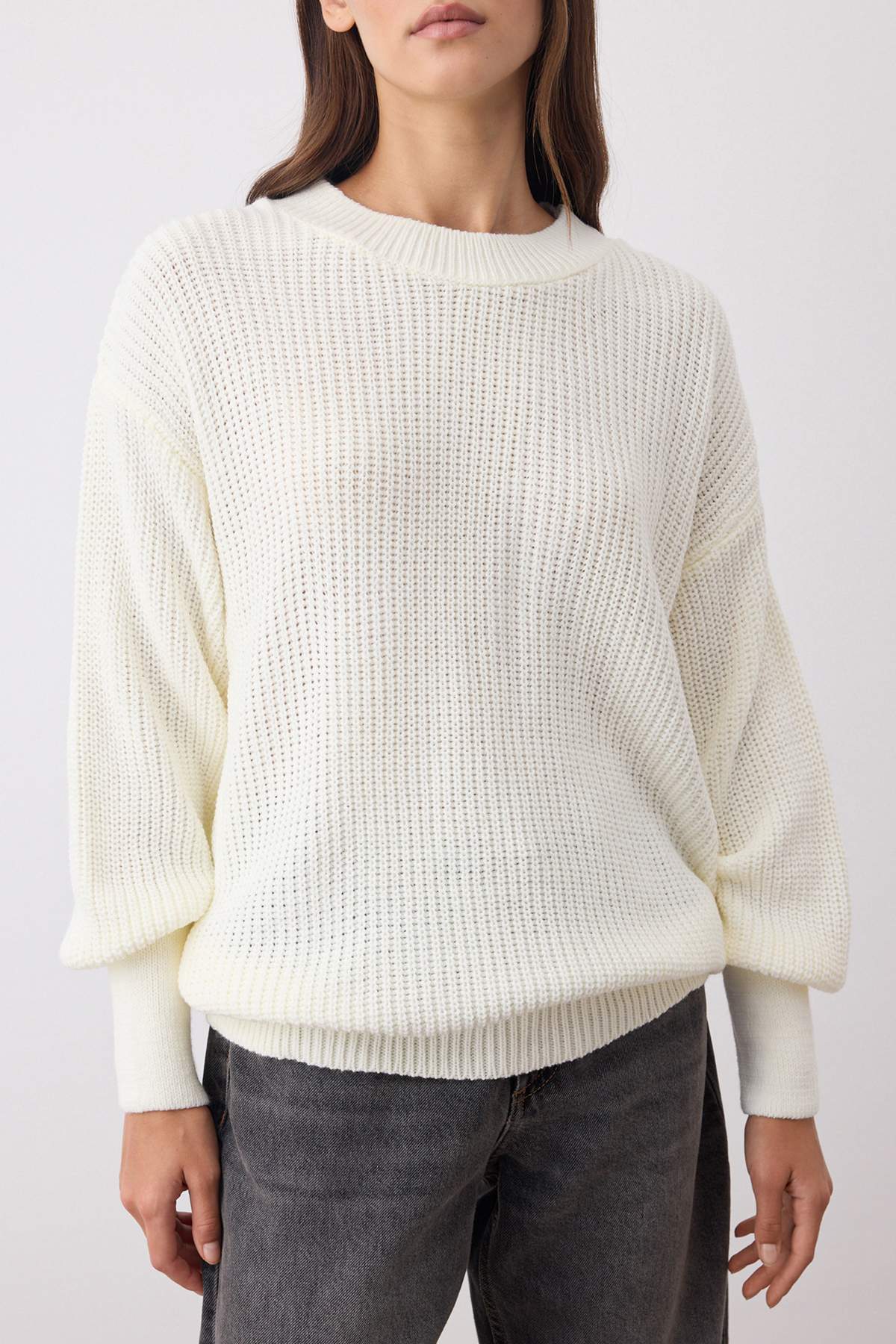 Trendyolmilla  Ekru Geniş Kalıp Basic Triko Kazak TWOAW23KZ01448 - Görsel 5