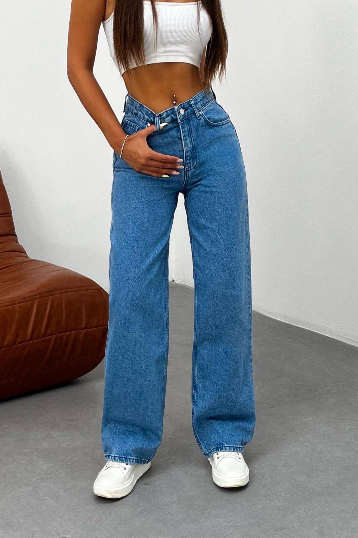 BİKELİFE Dámské tmavě modré bledě Effect Lycra High Waist Wide Leg Free, Salaş Palazzo Jeans