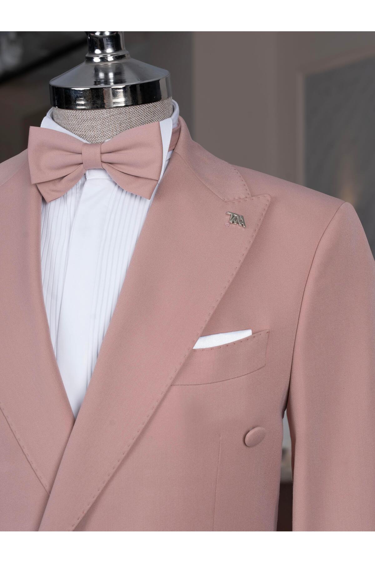 İtalyan stil kruvaze ceket pantolon takım elbise pembe T14198 — صورتی — تصویر 8 از 8