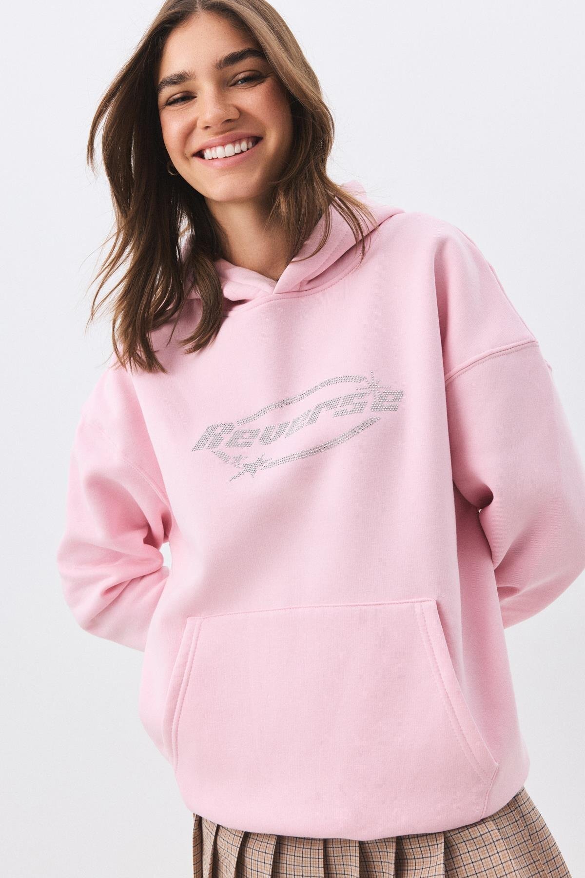Trendiz Unisex Reverse Taş Baskılı Sweatshirt Pembe