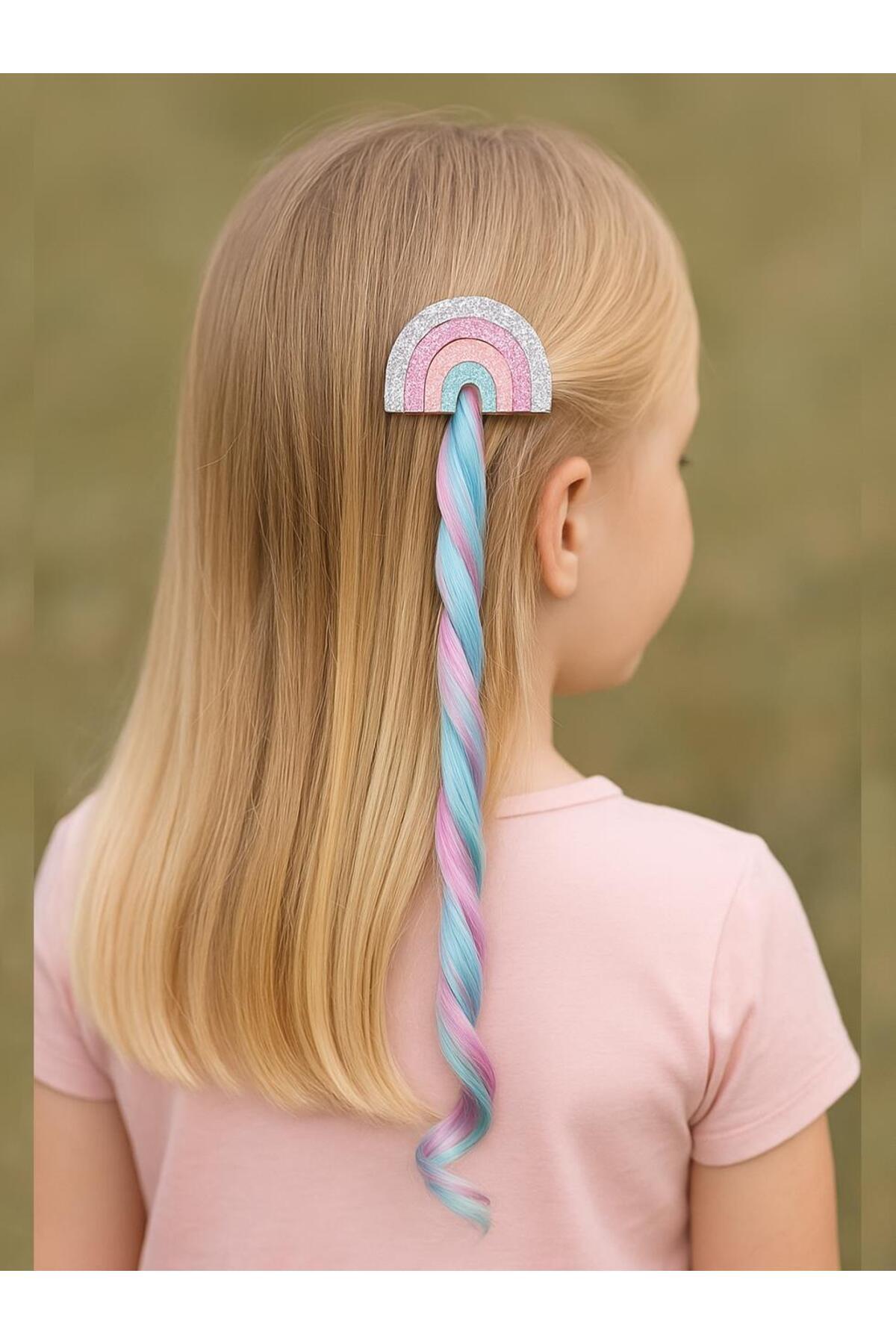 Parti Adresi Kız Çocuk Takma Saç Gökkuşağı Figürlü Tokalı Saç Postiş