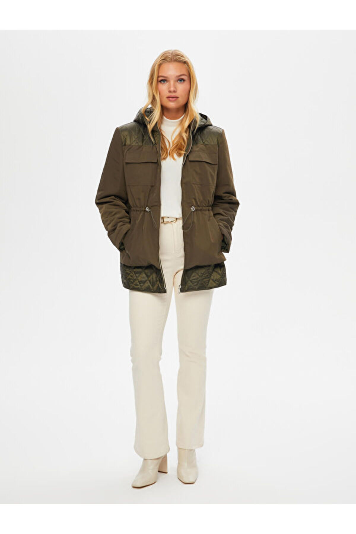 Tunnel Waist Hooded Quilted Coat 69423