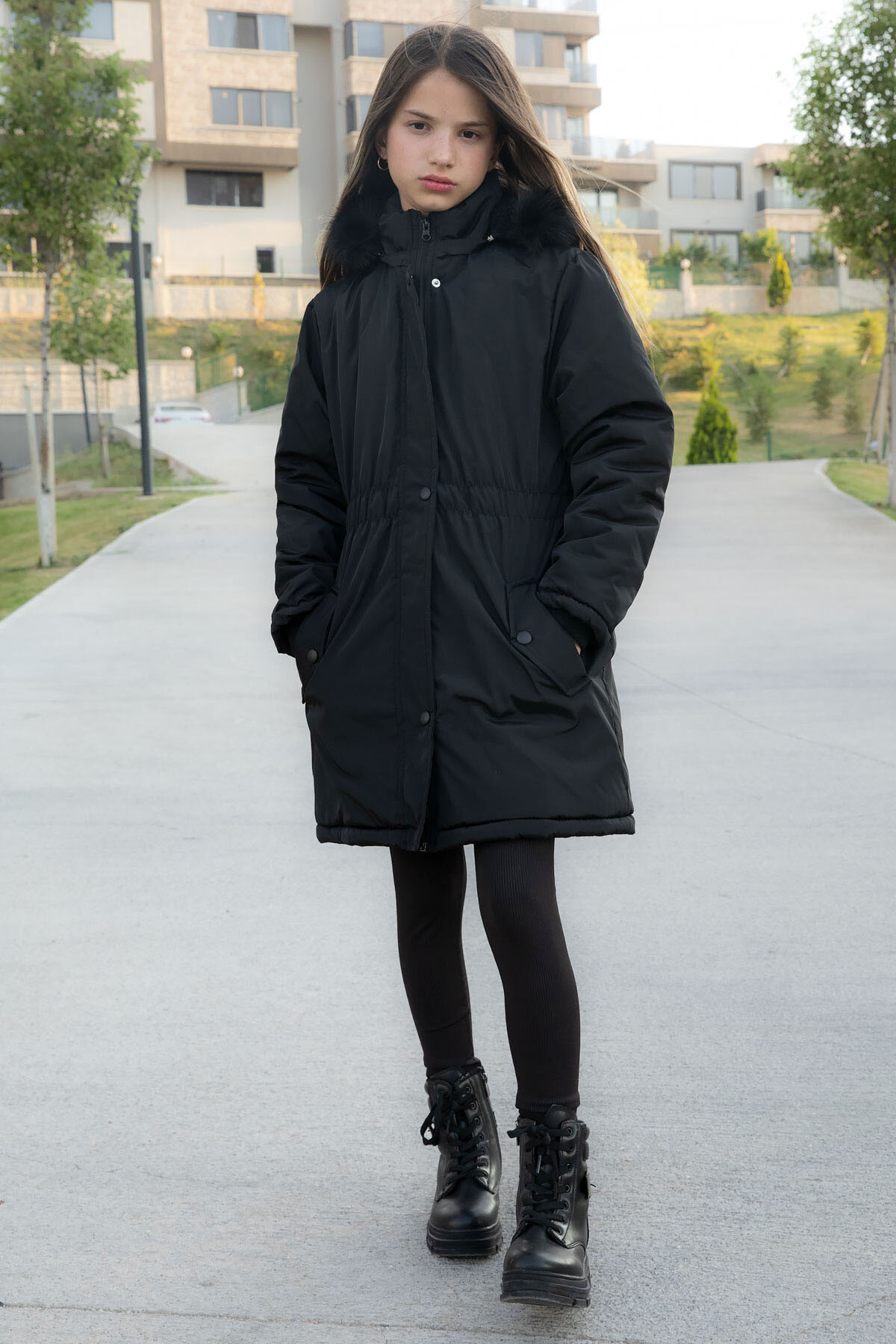Girl Hooded Coat with Black Snap Pocket and Stretchy Waist Fur Coat 21301