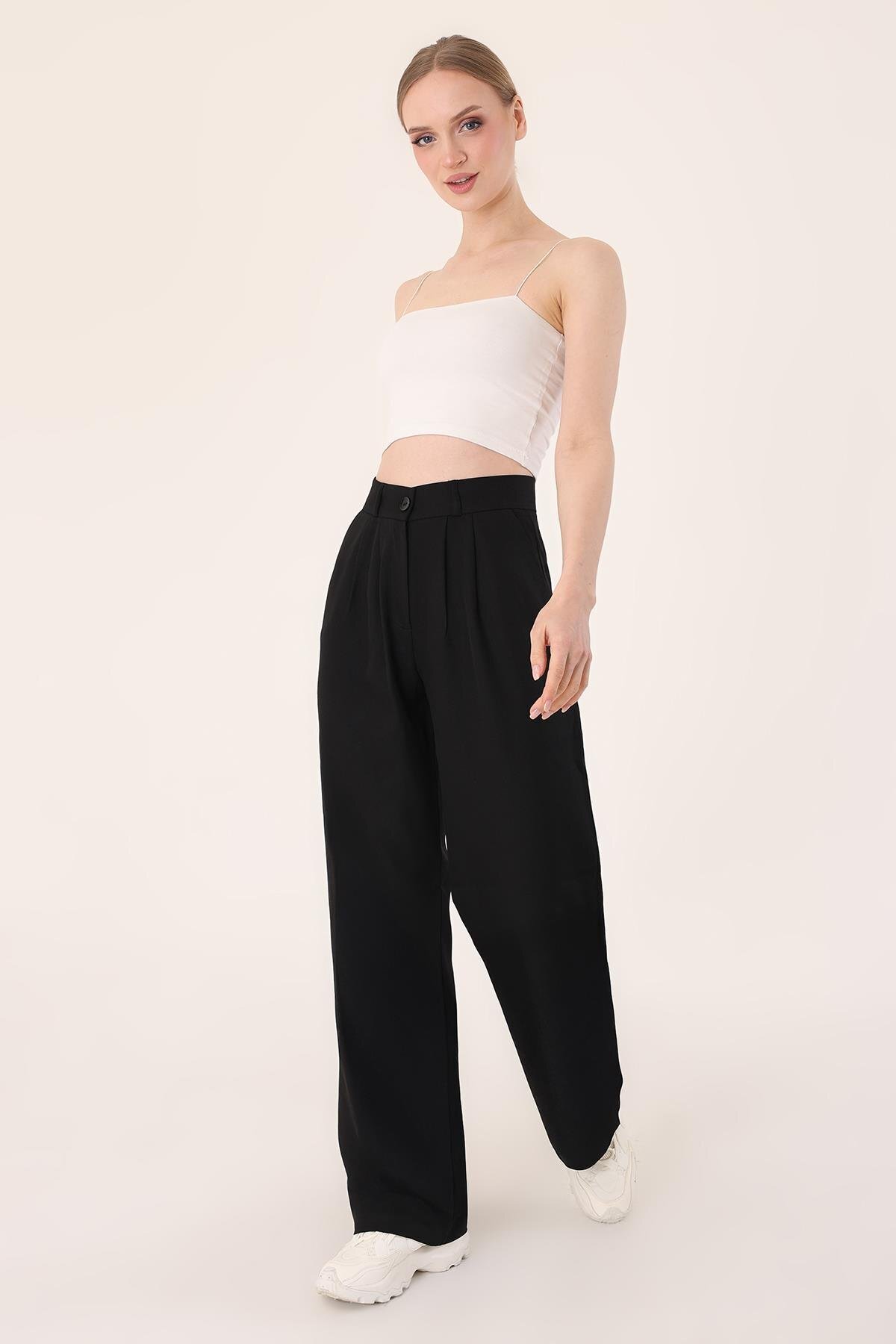 Hazel  Kadın Siyah Yüksek Bel Keten Palazzo Pantolon - Görsel 3
