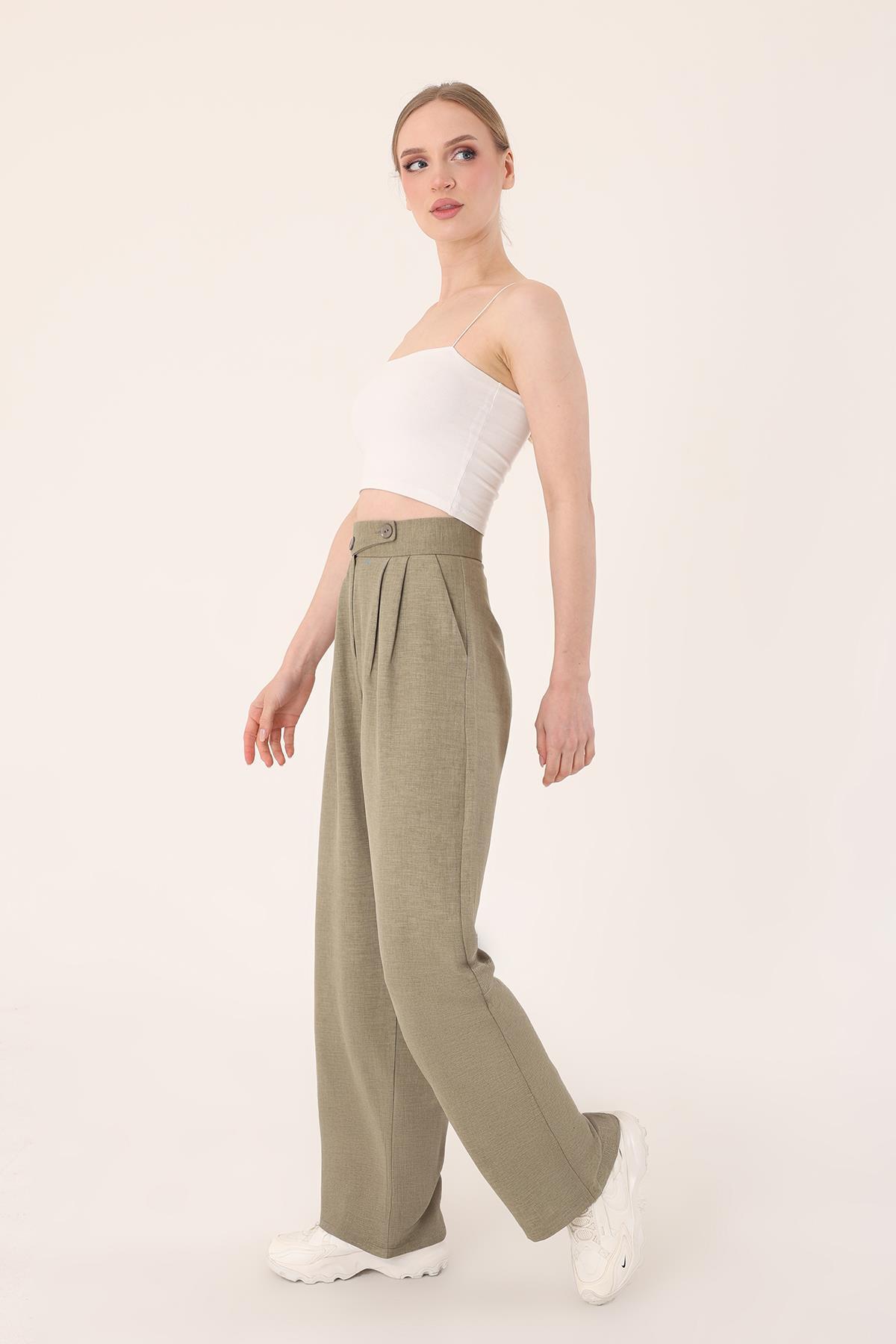 Hazel  Kadın Haki Keten Karışımlı Kore Model Palazzo Pantolon - Görsel 4
