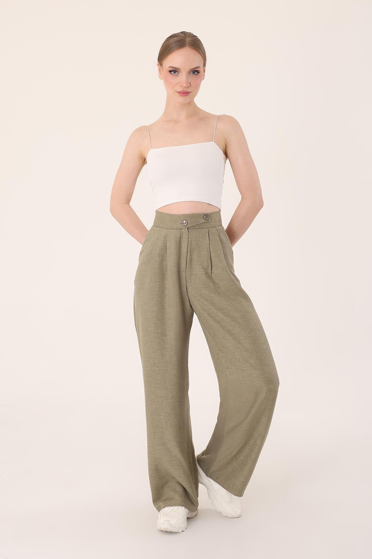 Hazel  Kadın Haki Keten Karışımlı Kore Model Palazzo Pantolon - Görsel 5
