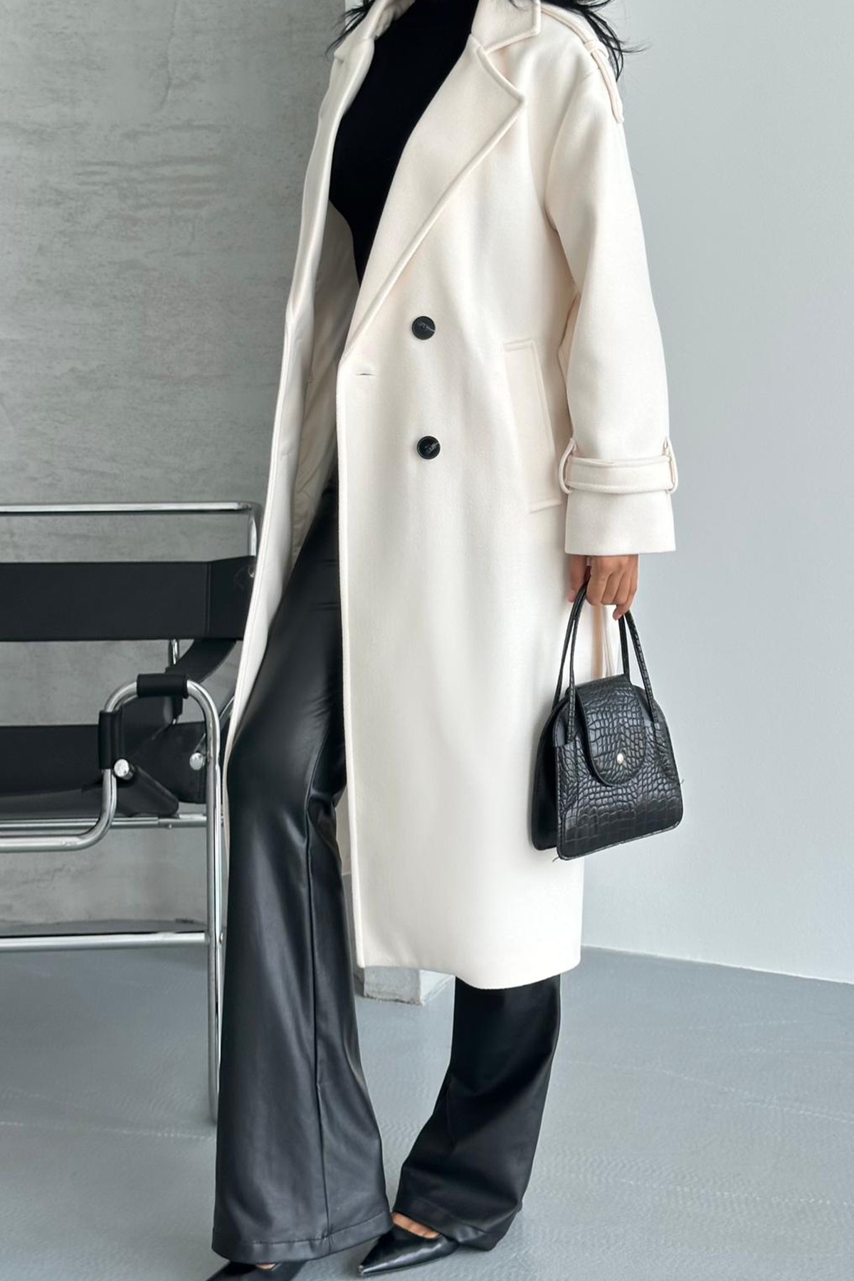 NET OF NOT  Laura Ekru Kuşaklı Yeni Sezon Astarlı Premium Kalite Rahat Kalıp Kadın Kaşe Kaban Mont - Görsel 7