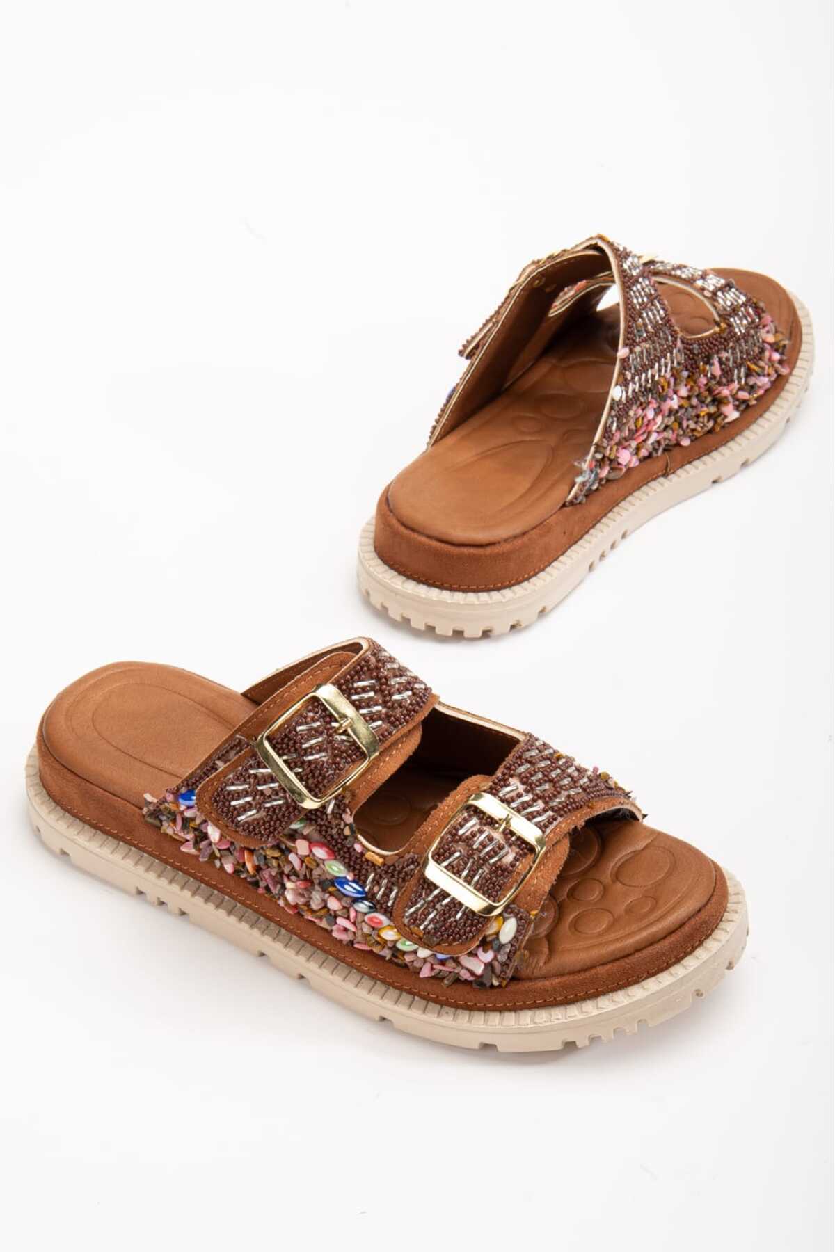 Lunera Women's Tan Stone Detailed Double Buckle Casual Slippers