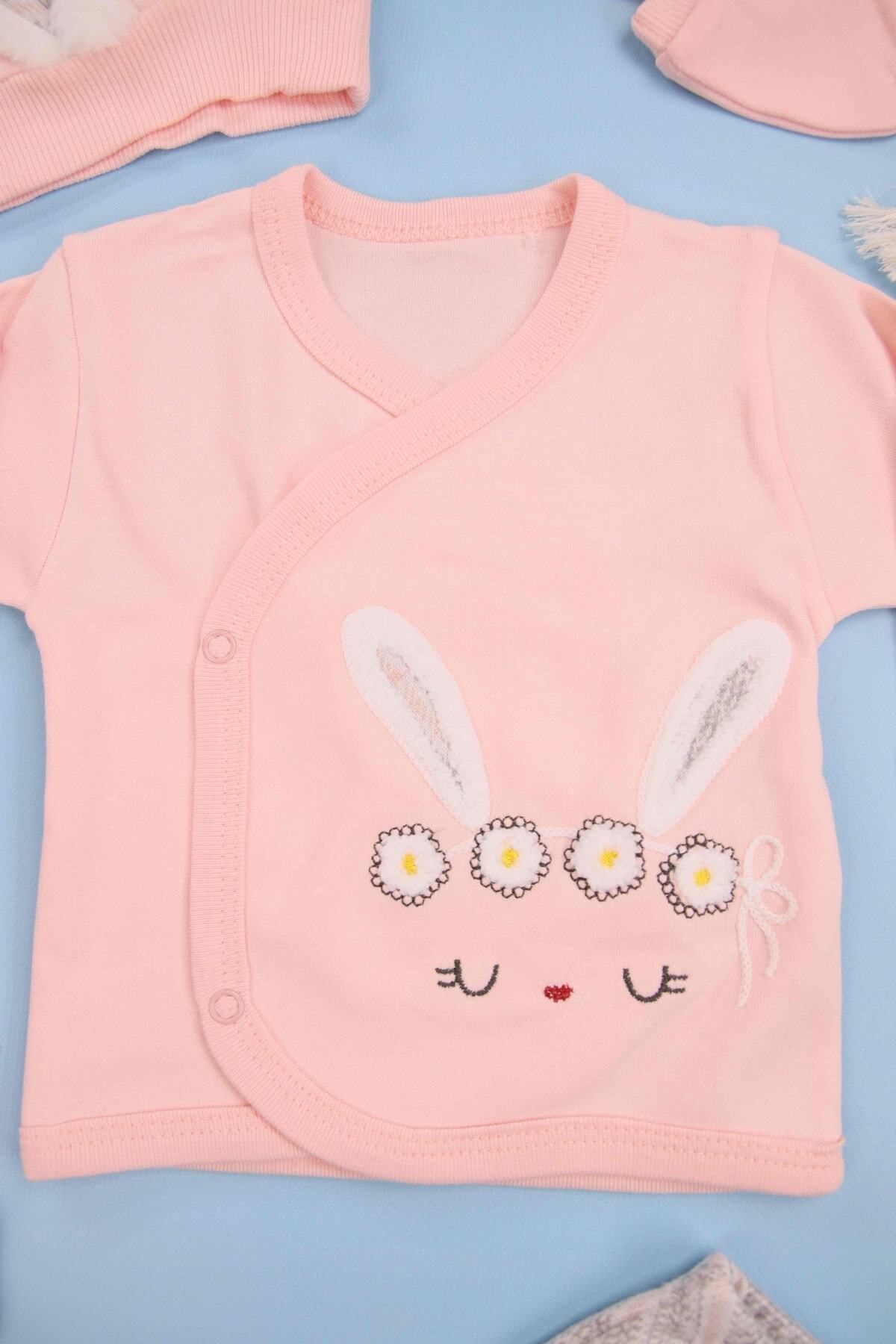 Babyim Peluş Tavşan Kulaklı Papatya Nakışlı Pembe 5'li Kız Yenidoğan Takım fotoğrafı 3 (önizleme)
