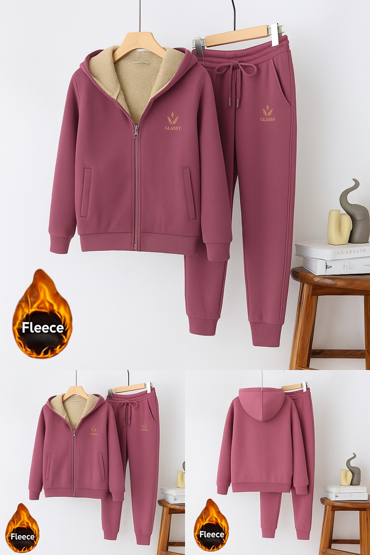 CLASSY.MODA Termal-eşofman Takımı-2lü-alt-üst-nakiş-kapüşonlu-3 Iplık Şardonlu-üst Iç Welsoft Kollar Hariç