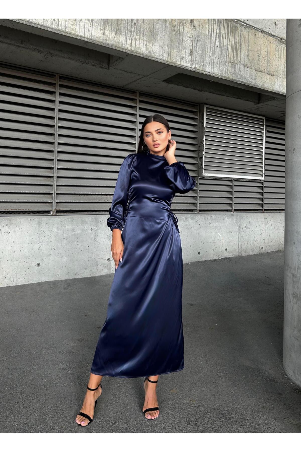 Suedcollection Yandan Ip Bağlamalı Saten Abiye Lacivert 583272
