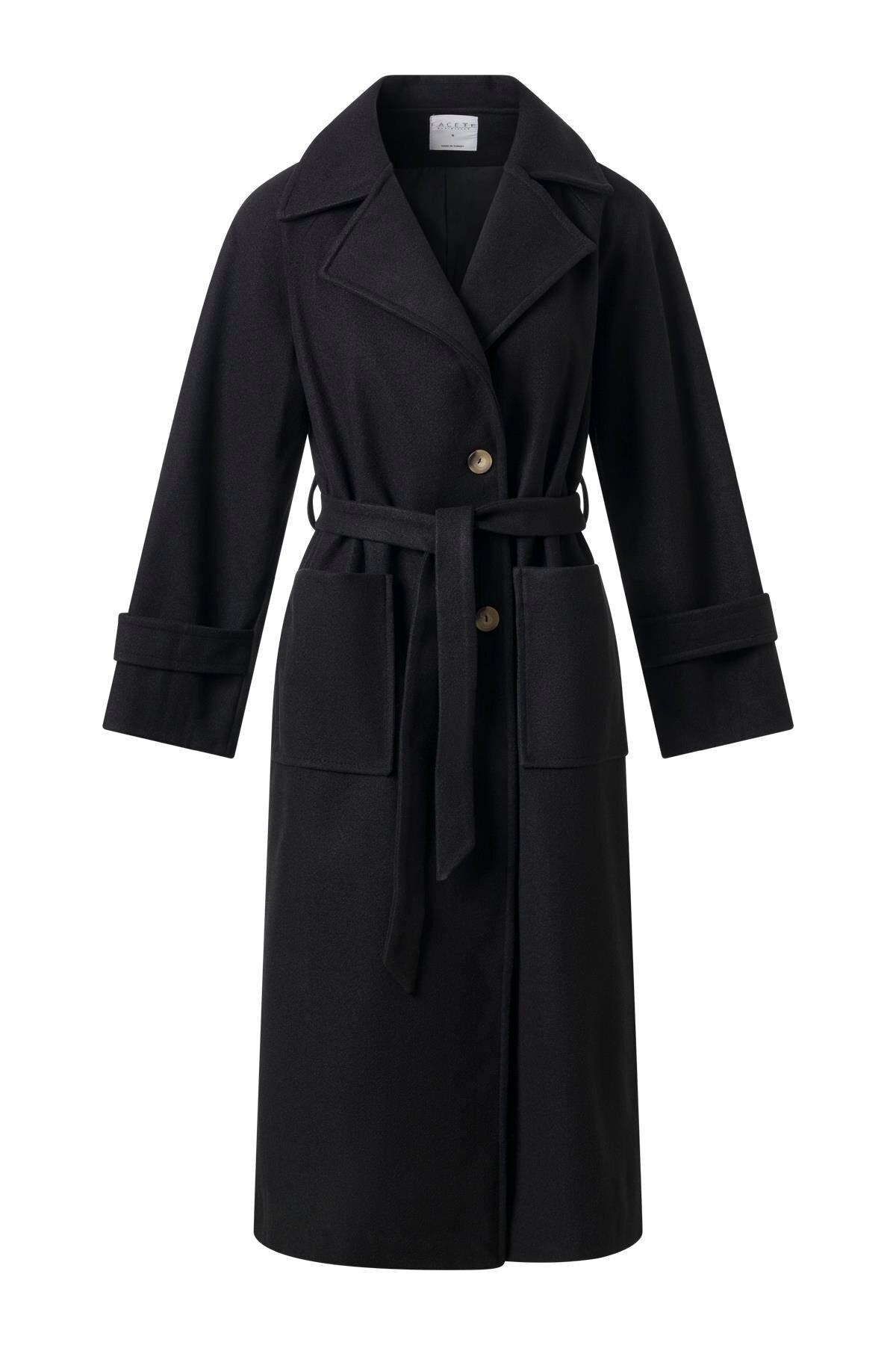 Women's Black Sleeve Epaulette Belted Stash Coat