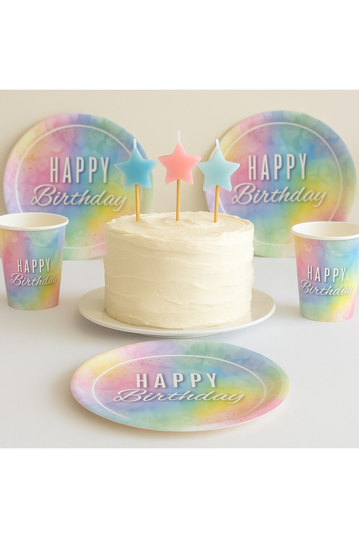 Partifabrik Makaron Renkler Happy Birthday Karton Tabak Bardak Set 8 tabak 8 bardak