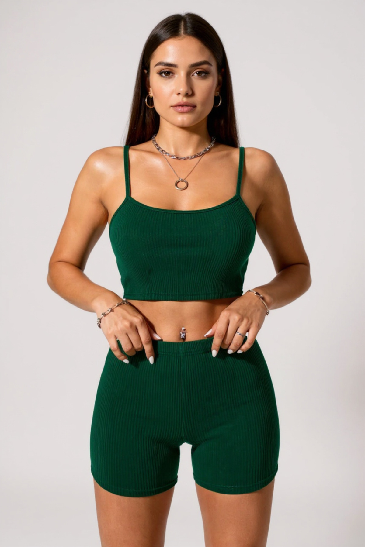 R ROCKBLACK Kadın Yeşil Şortlu Kaşkorse Gecelik Takım – Modern, Konforlu ve Günlük Kombinlere Uygun