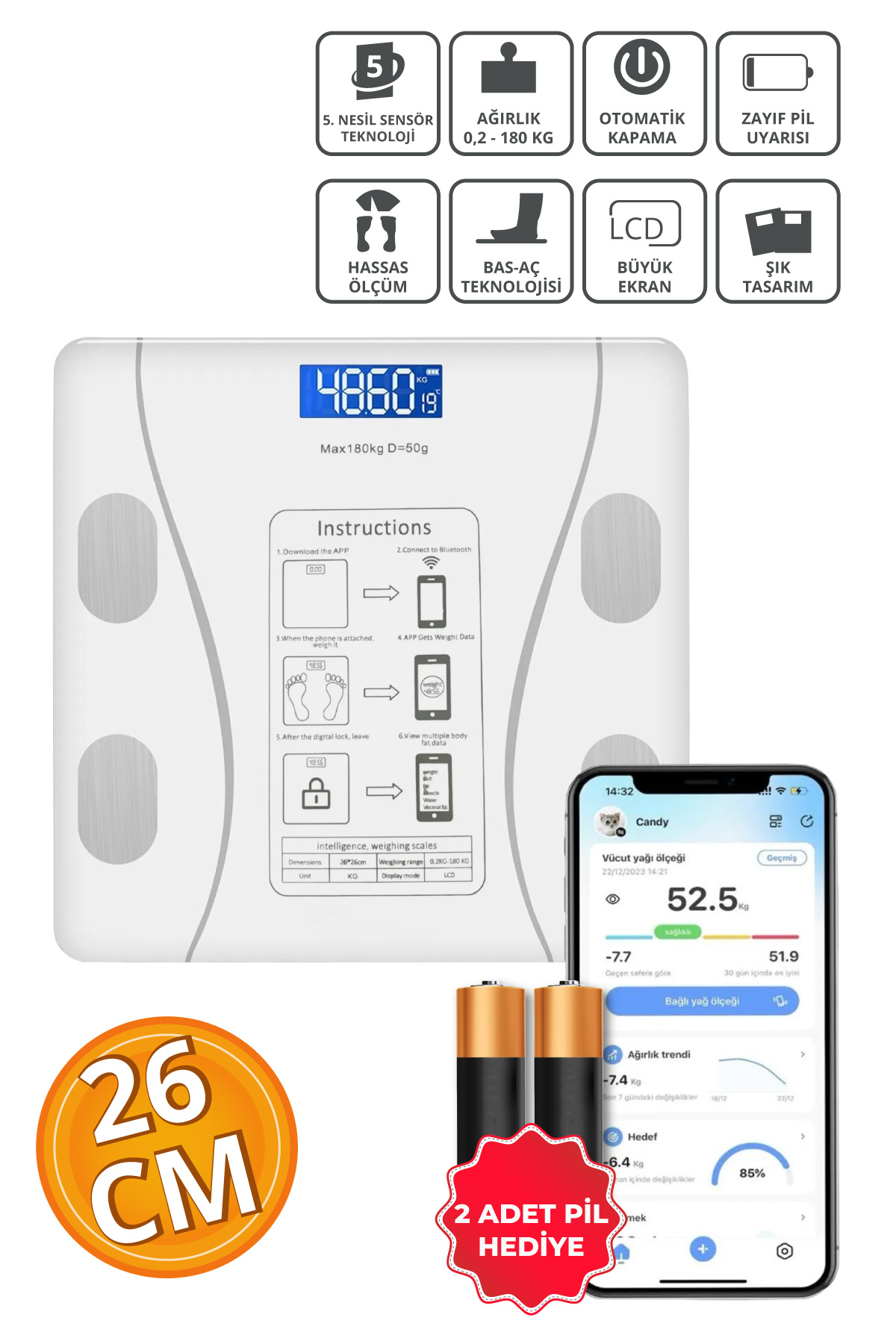 Blooma Dijital Baskül Yağ Ölçer Fonksiyonlu Akıllı Baskül Bluetooth Tartı-Beyaz