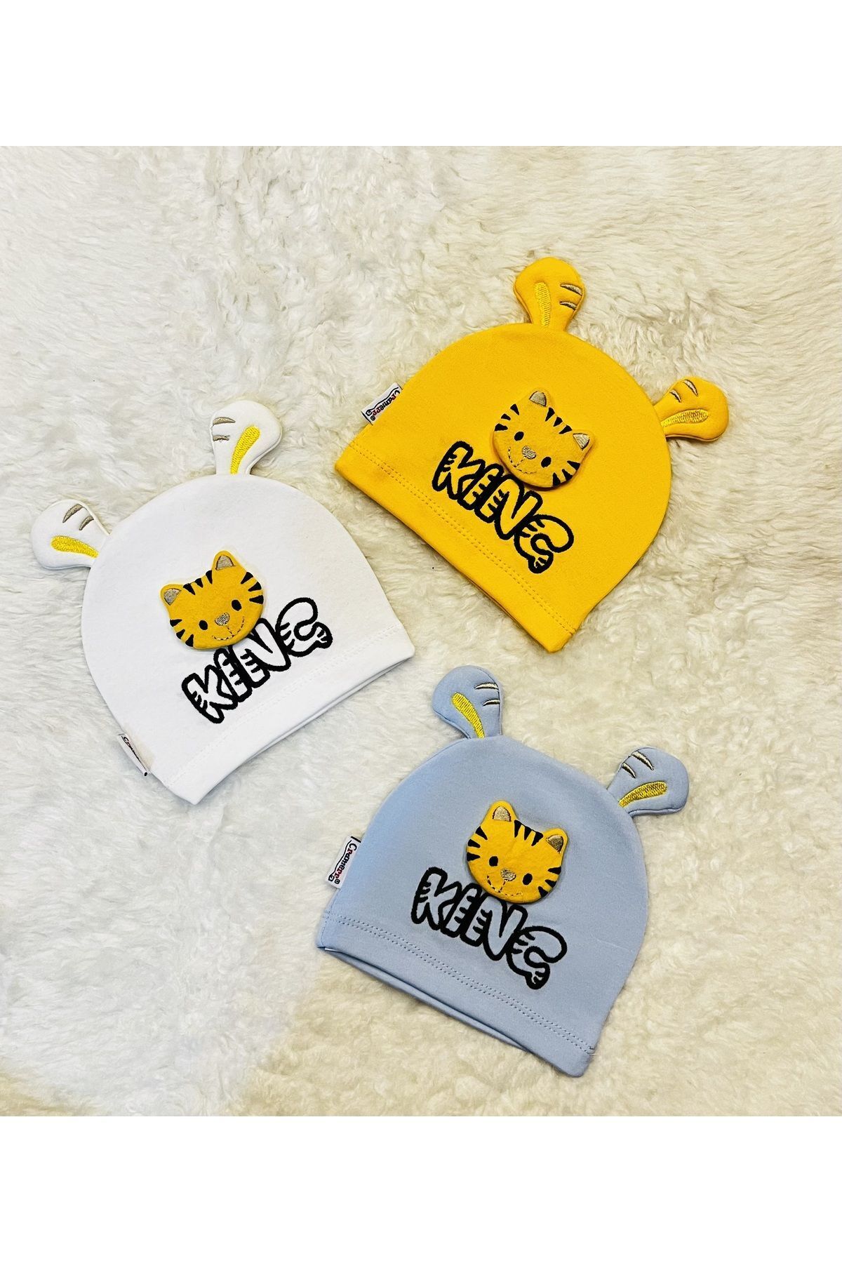 anne dokunuşu gibi KUZUM BEBE Mavi Sarı Beyaz 3’'lü Aslan Figürlü Kız Erkek Bebek Çocuk Penye Şapka Bere fotoğrafı 2 (önizleme)