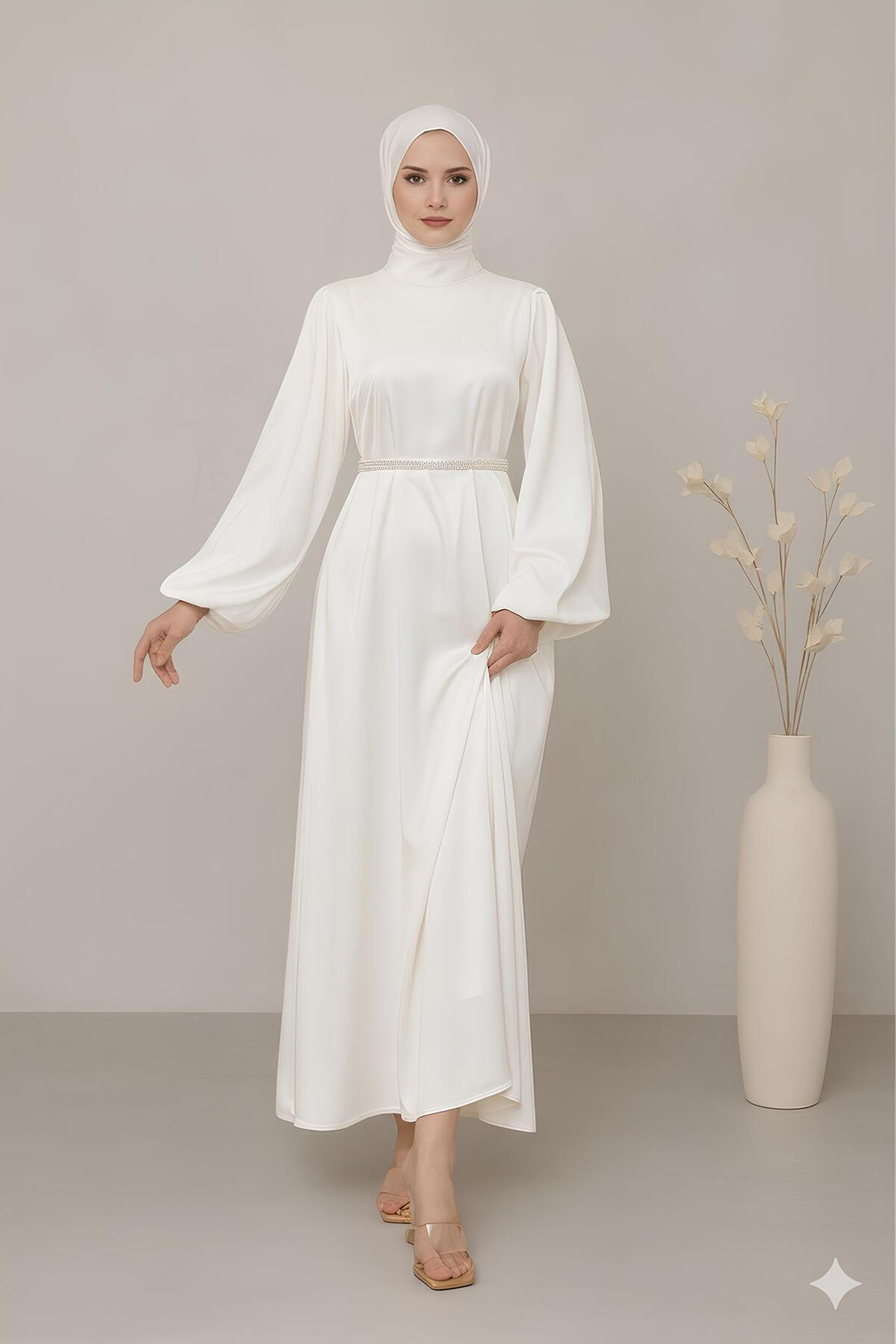 STİLZERAFET Almina Kemeri İncili Saten Abiye