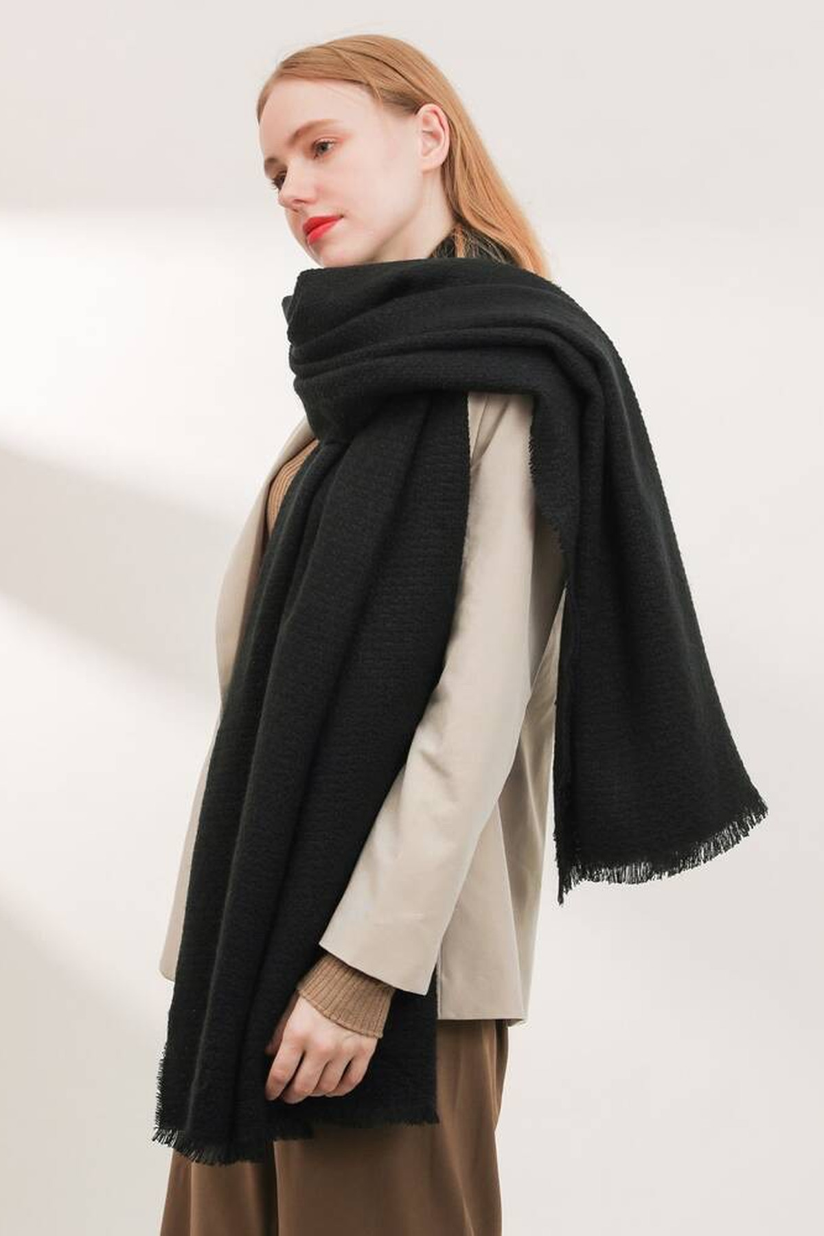 Goldmine  Unisex Düz Siyah Kalın Atkı - Görsel 5